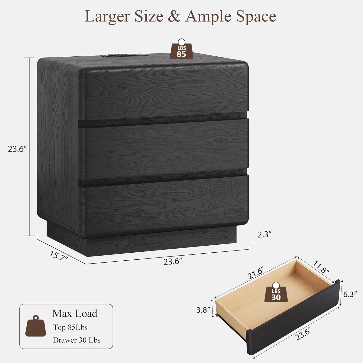YANSNWO Black Nightstand with Charging Station, 23.6