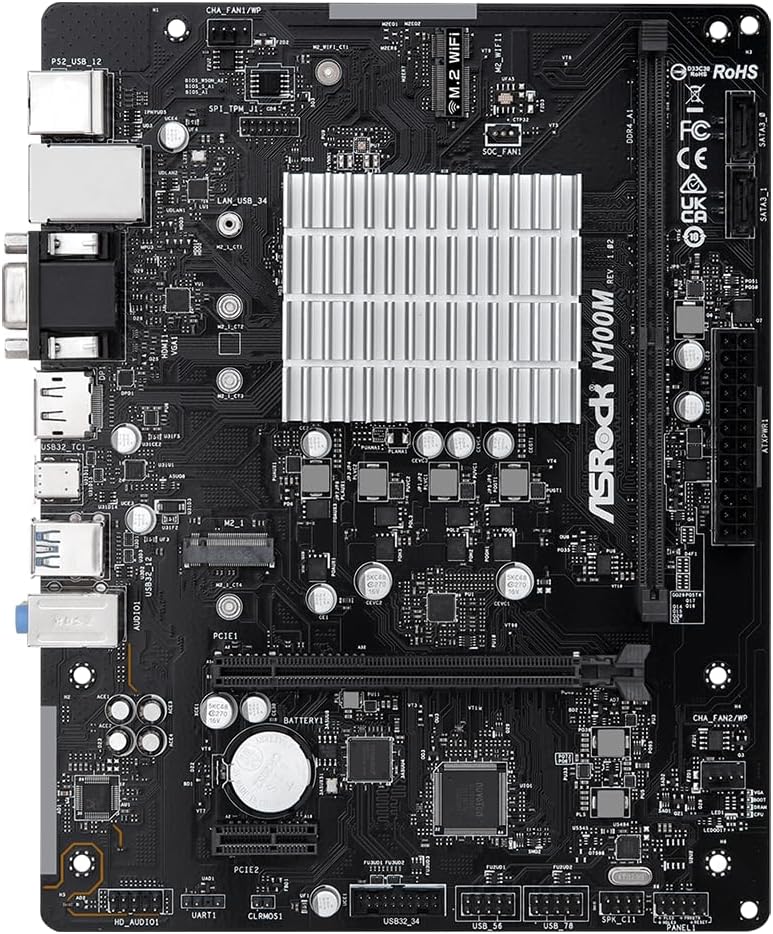 ASRock N100M Micro-ATX Motherboard, Intel Quad-Core N100 Processor (up to 3.4 GHz), DDR4, PCIe 3.0, USB 3.2 Gen2 Type-C, Gigabit LAN