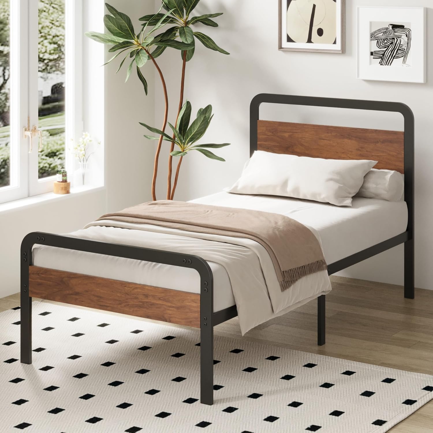 Richwanone 14 Inch Twin XL Bed Frame with Wood Headboard and Footboard, Metal Platform Frame with Steel Slat Support, No Box Spring Needed, Easy Assembly, Black
