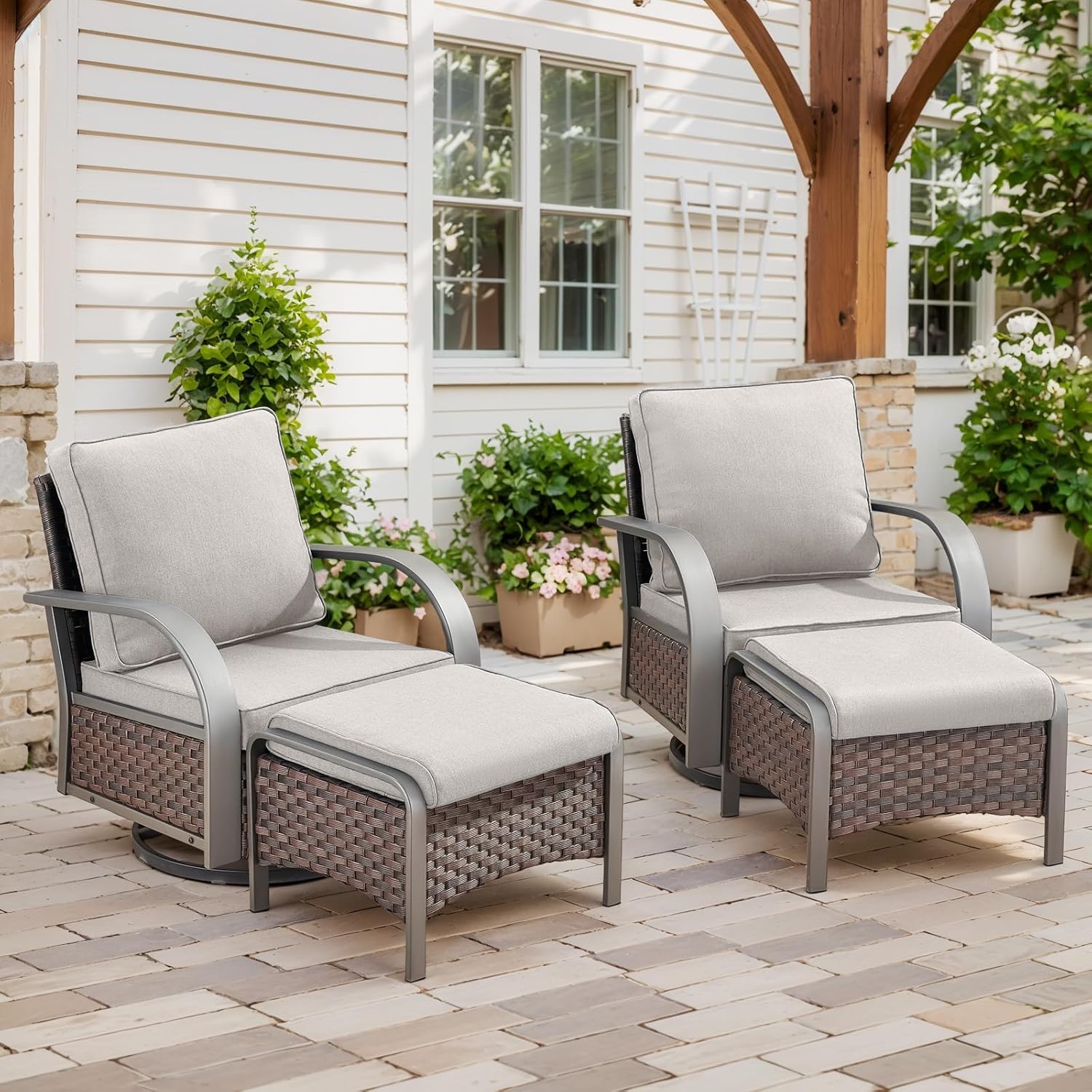 Belord 4 Pieces Patio Furniture Sets - Swivel Rocker Outdoor Chairs with Ottomans, All Weather Wicker Swivel Furniture Glider Seating Set for Porch Deck Backyard Sunroom Brown Wicker