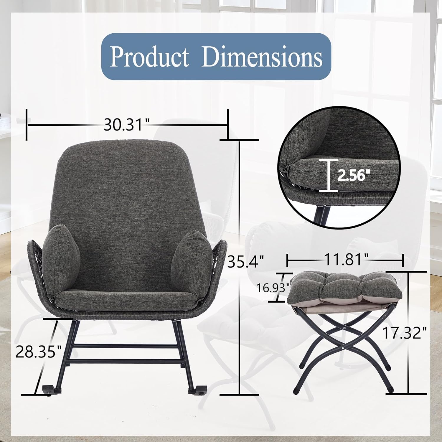 YDcosyfy Outdoor Patio Rocking Chair with Ottoman Set of 2,Glider Rocking Chair with Grey Cushion,Metal Frame and Wicker Back,Indoor/Outdoor Use,Grey