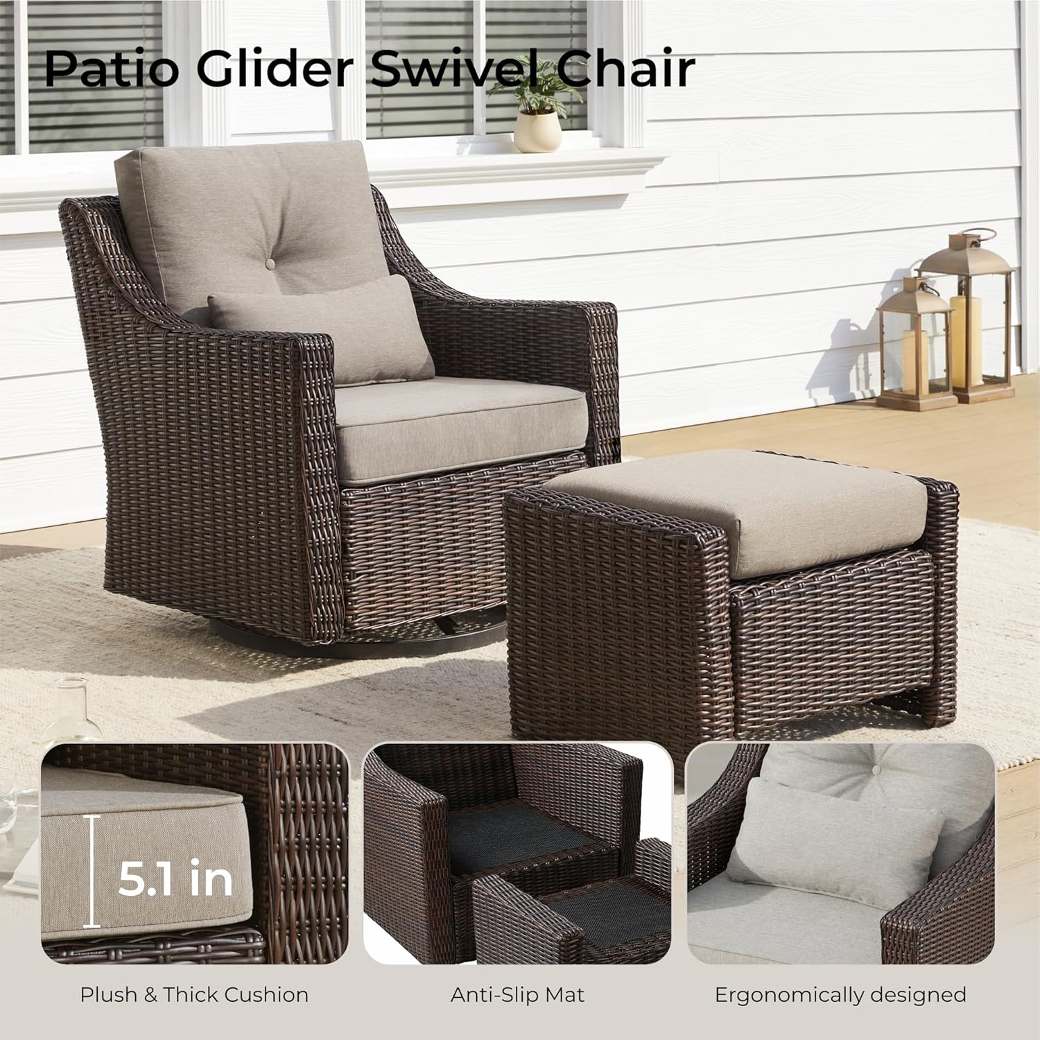 CHITA 2 Pieces Patio Wicker Furniture Set, Outdoor Rattan Bistro Set with Rocking Swivel Chair, Thickened Cushions and Ottoman