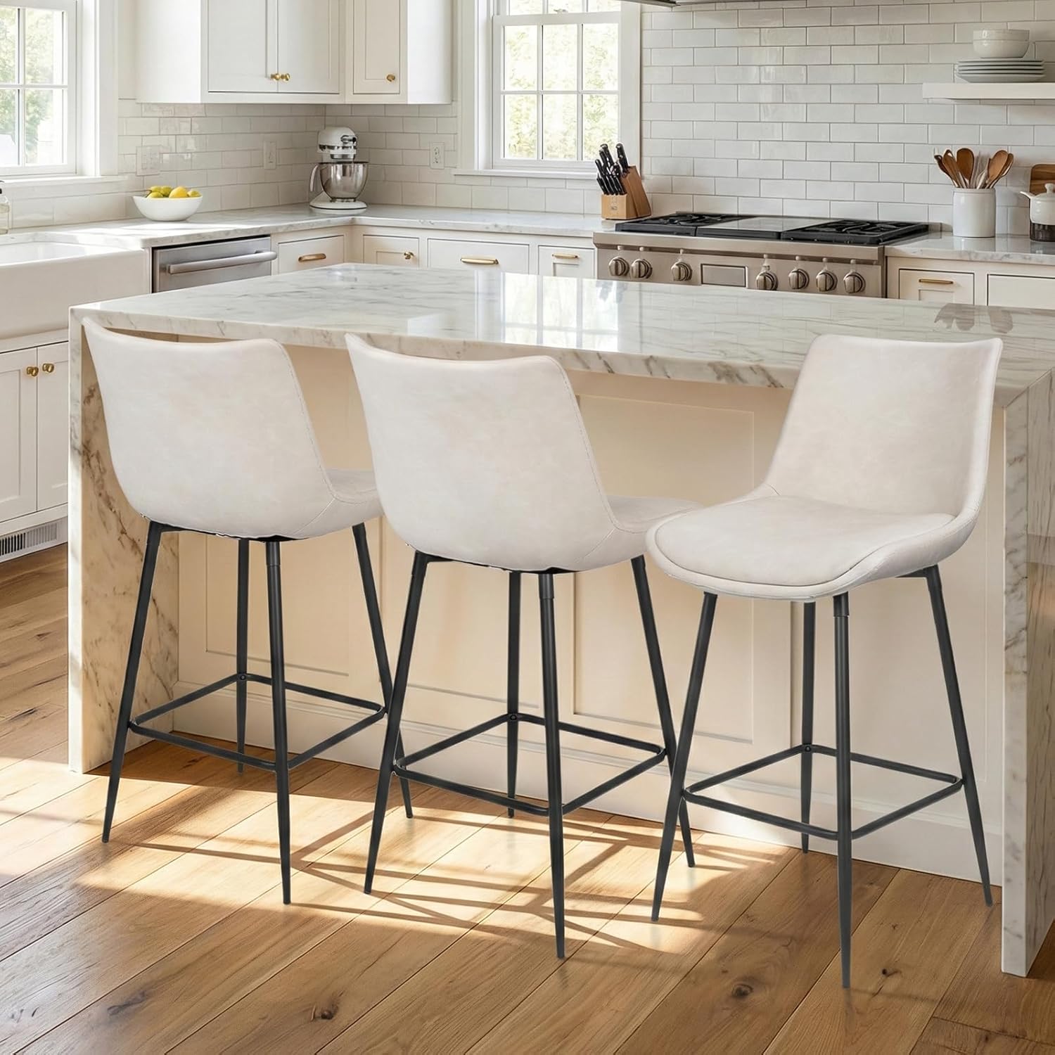 Counter Height Bar Stools Set of 3, FSC Certified Upholstered Faux Leather Barstools with Back, Metal Base, 27