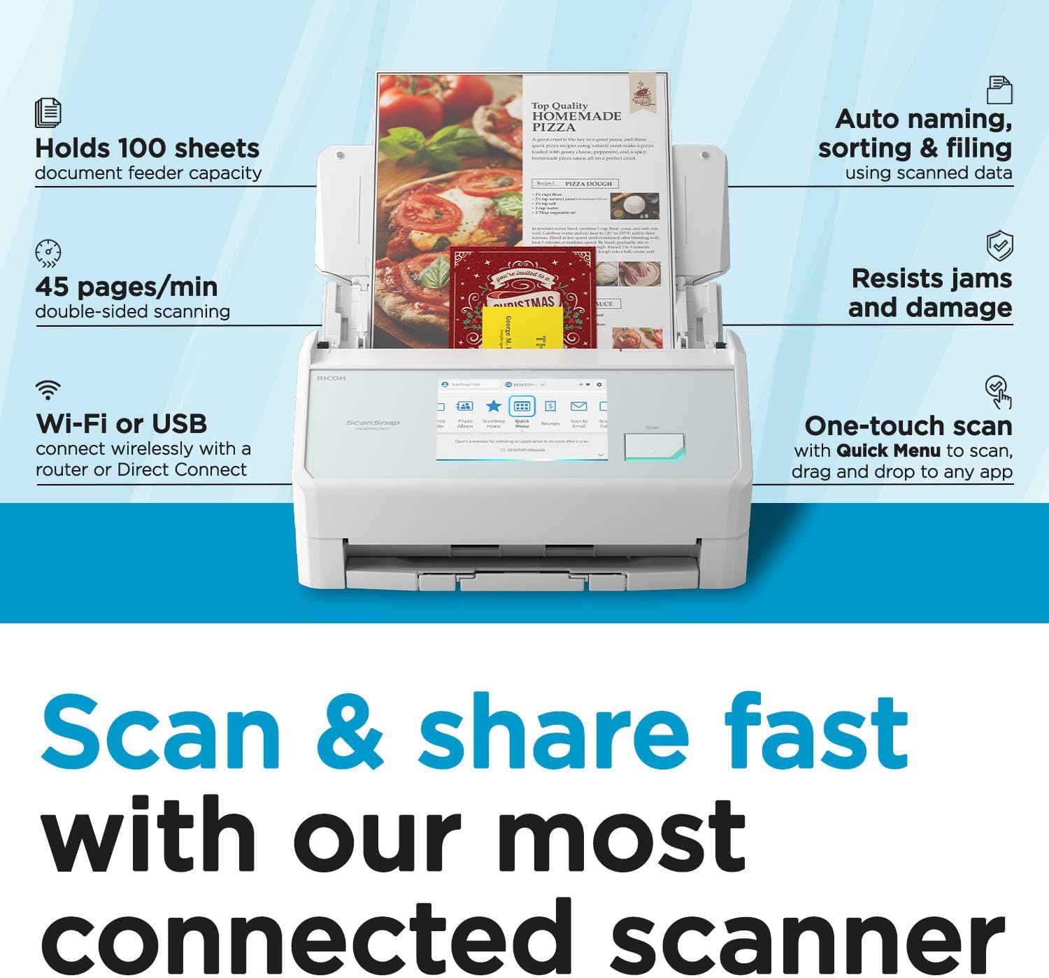 ScanSnap iX2500 Wireless or USB High-Speed Cloud Enabled Document, Photo & Receipt Scanner with Large 5
