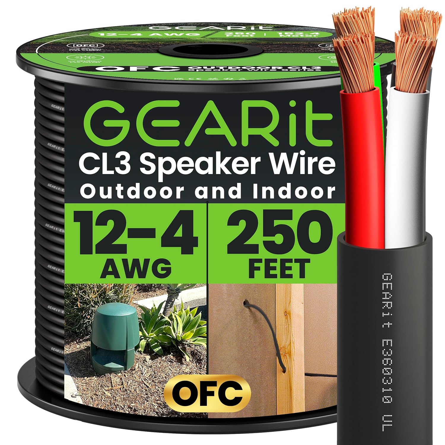 GEARit Speaker Wire 12 Gauge 250 ft,UL CL3 Rated Speaker Cable 12 AWG Copper Wire with Polarity Mark,Audio Cable for in-Wall,Home,Car,Outdoor,Garden,Commercial Audio Systems,OFC(Black,4-Conductors)