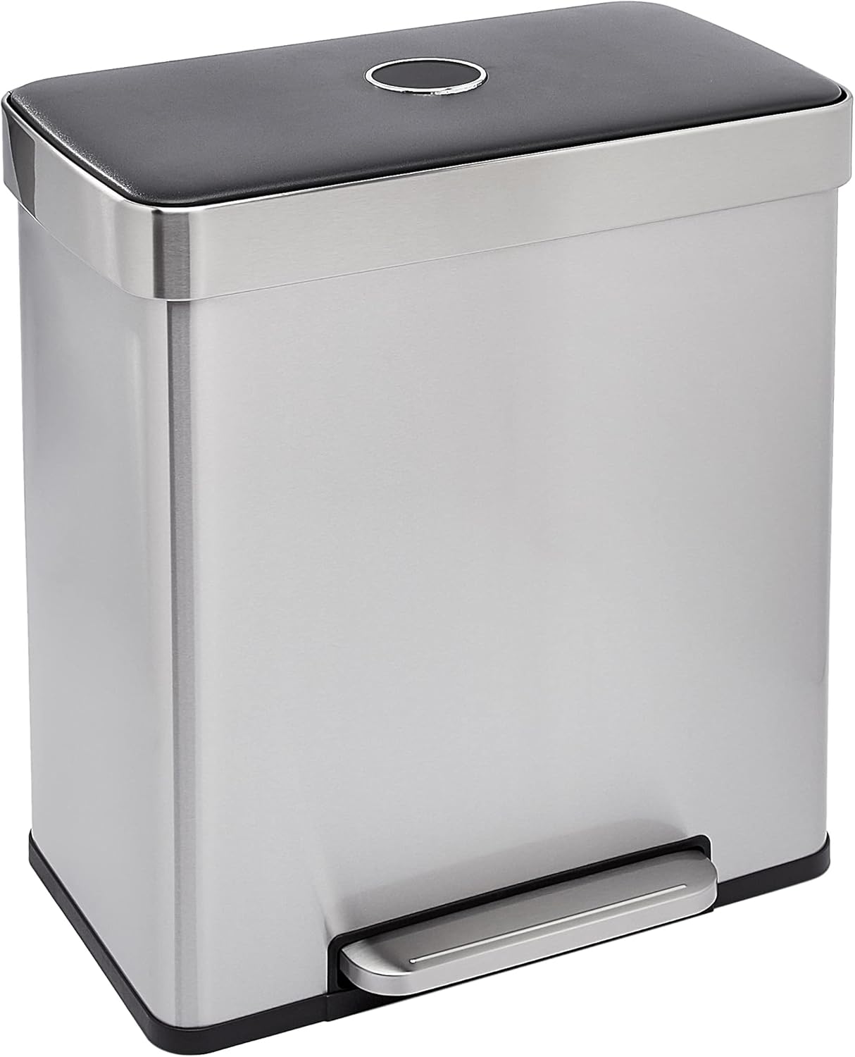 Amazon Basics Dual Compartment Recycling Trash Can with Soft-Close Lid, Fingerprint Resistant, Removable Liner Buckets, 60 Liters, Rectangular, Grey, Silver