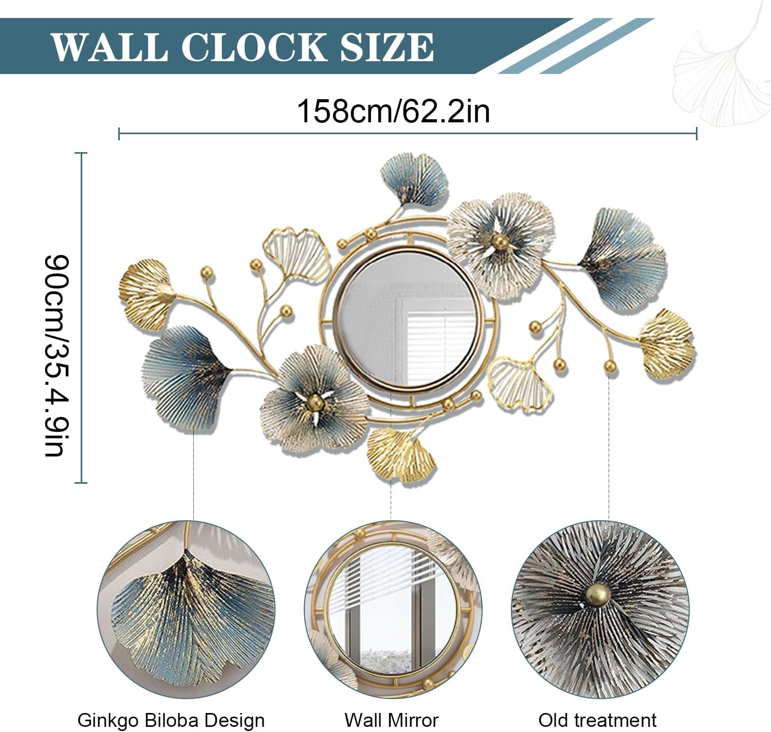Metal Wall Mirrors Decor, Large Ginkgo Leaf Wall-Mounted Mirrors, Big Wall Decor Mirror, 3D Creative Modern Hanging Wall Mirrors Decorative, for Living Room Bedroom Entryway Bathroom (62.2X35.4In)