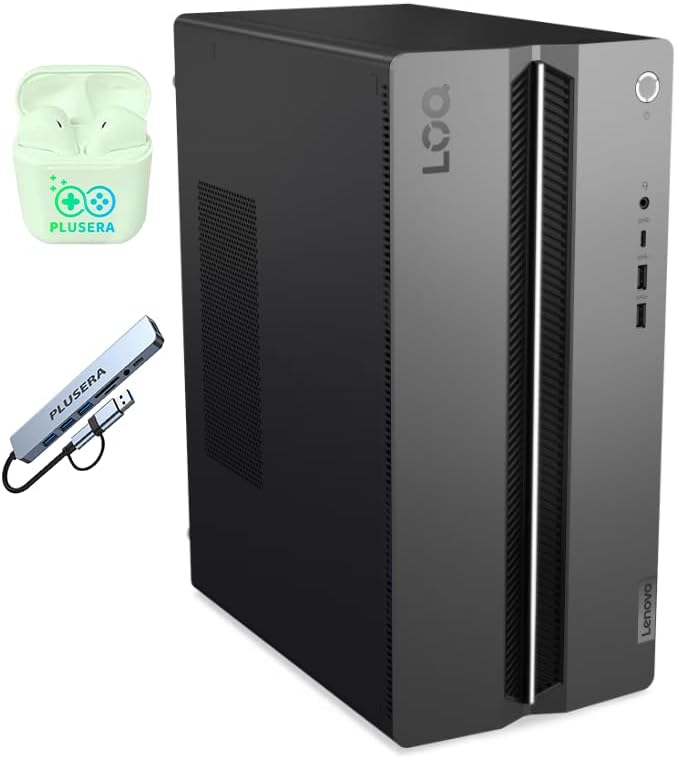 Lenovo LOQ Tower Gaming Desktop Computer, 10-core Intel i5-14400F, 16GB DDR5 RAM 512GB SSD, NVIDIA GeForce RTX 3050, Windows 11, Wired Keyboard &Mouse, PLUSERA Earphones & 8-in-1 Hub Included, Gray