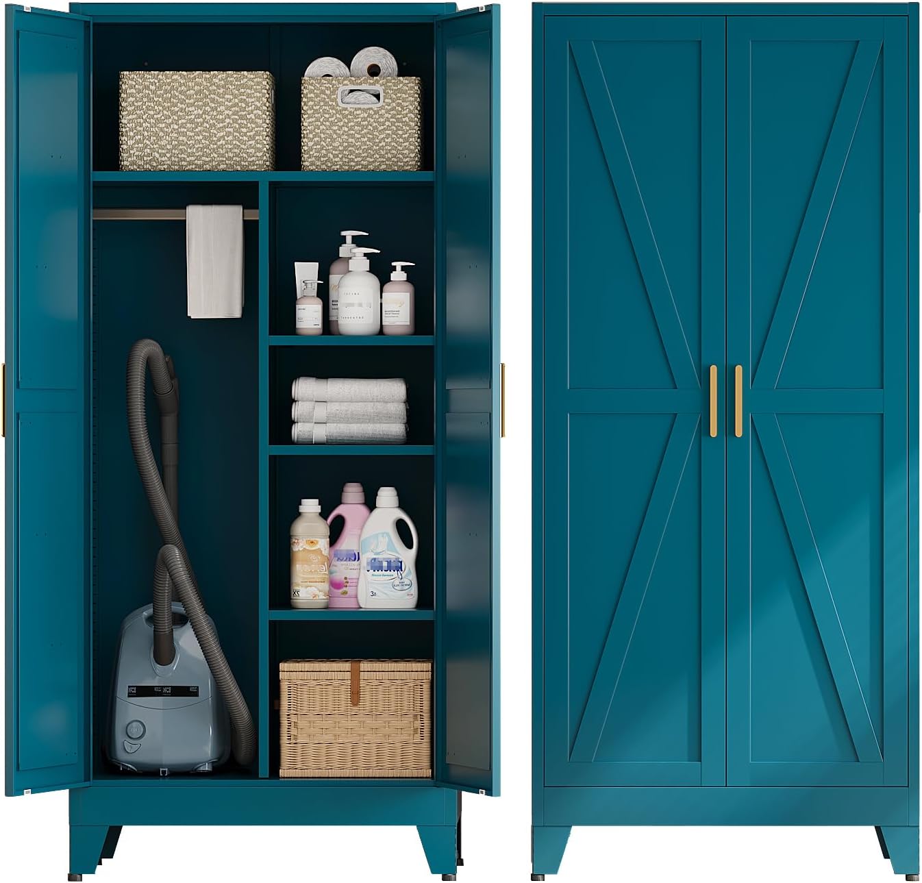Metal Combination Cabinet, Utility Storage Cabinet with 4 Shelves, Farmhouse Pantry Closet with Doors, 71
