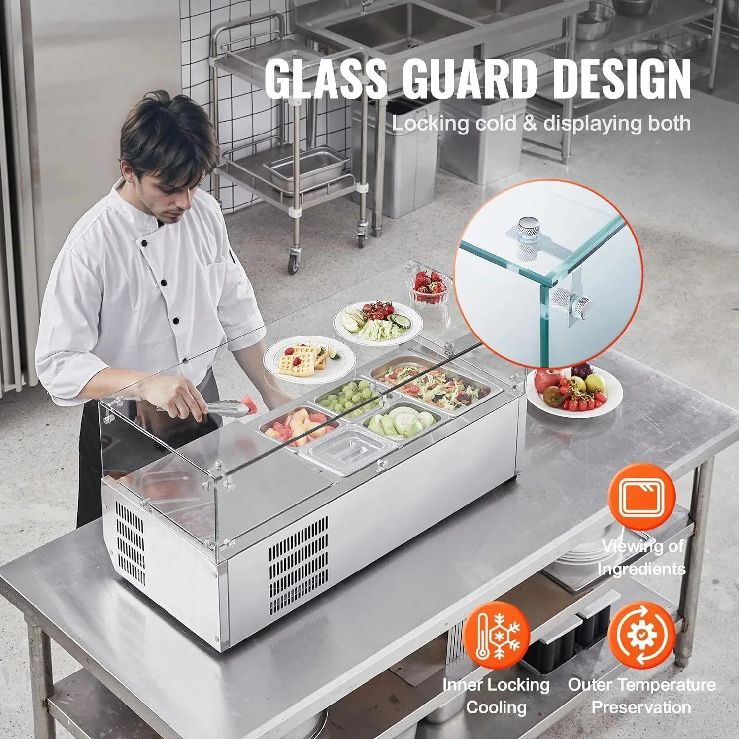Refrigerated Condiment Prep Station, 135 W Countertop Refrigerated Condiment Station, with 2 1/3 Pans & 4 1/6 Pans, 304 Stainless Body and PC Lid, Sandwich Prep Table with Stainless Guard, ETL