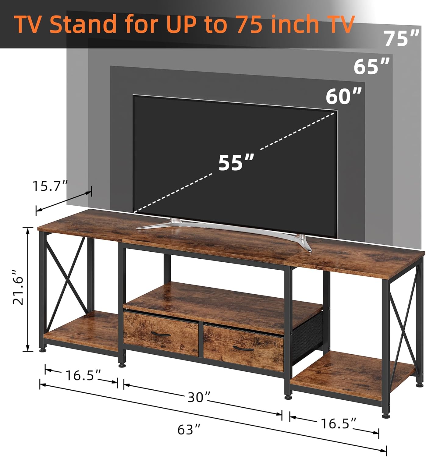 GYIIYUO TV Stand with Fabric Drawers for 65 70 75 Inches TV - Entertainment Center and Industrial TV Console Table with Open Storage Shelves for Living Room, Bedroom - 63