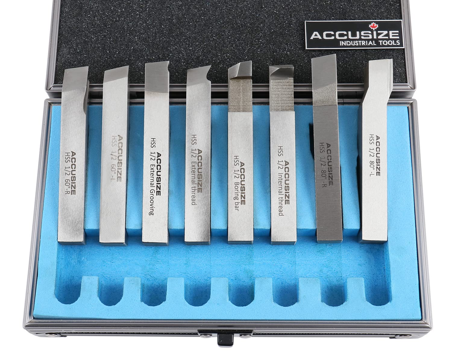 Accusize Industrial Tools 1/2'' 8 Pcs Hss Tool Bit Set, Pre-Ground for Turning and Facing Work, 2662-2004