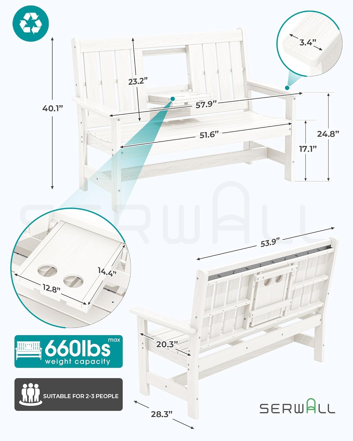SERWALL Outdoor Bench with Cup Holder, Oversized 58