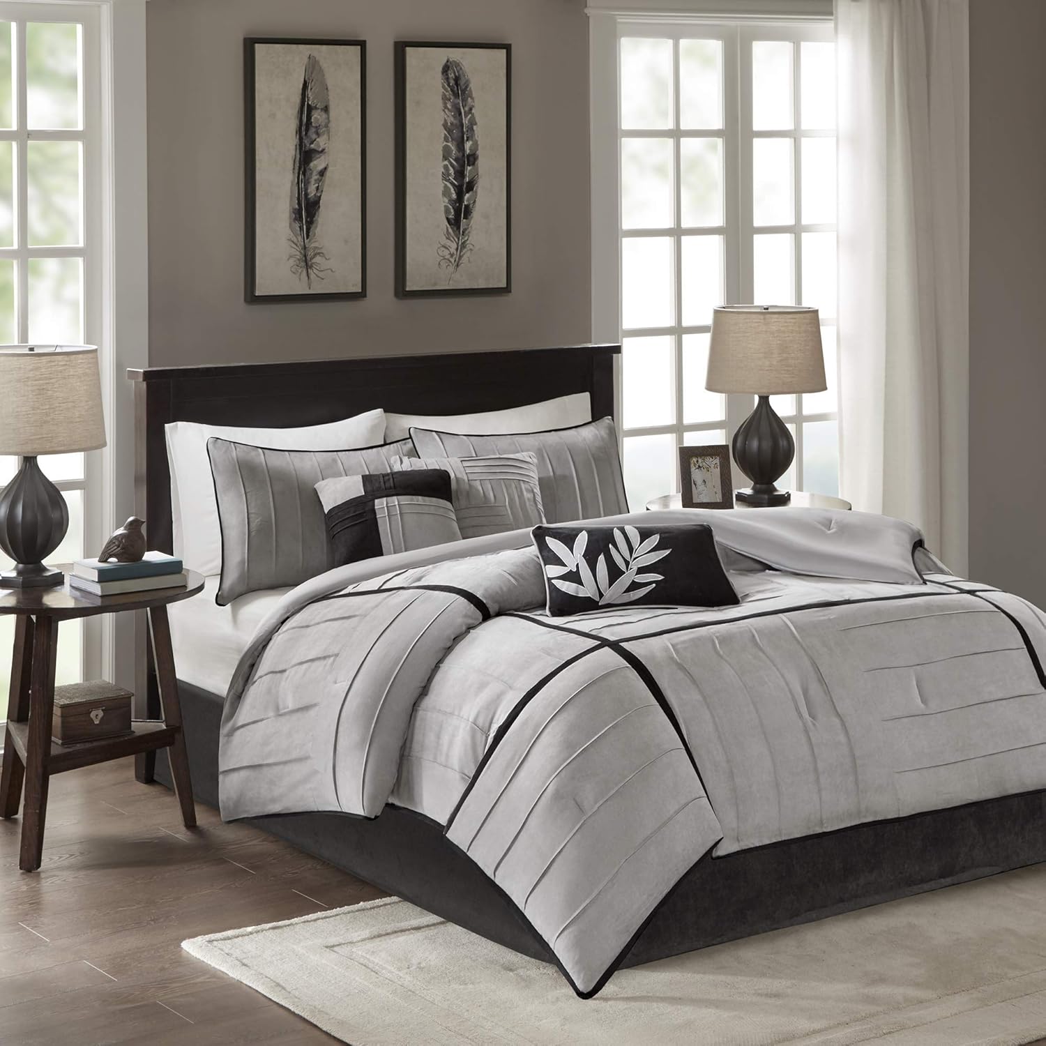 Madison Park Cozy Comforter Set Casual Blocks Design All Season, Matching Bed Skirt, Decorative Pillows, King(104