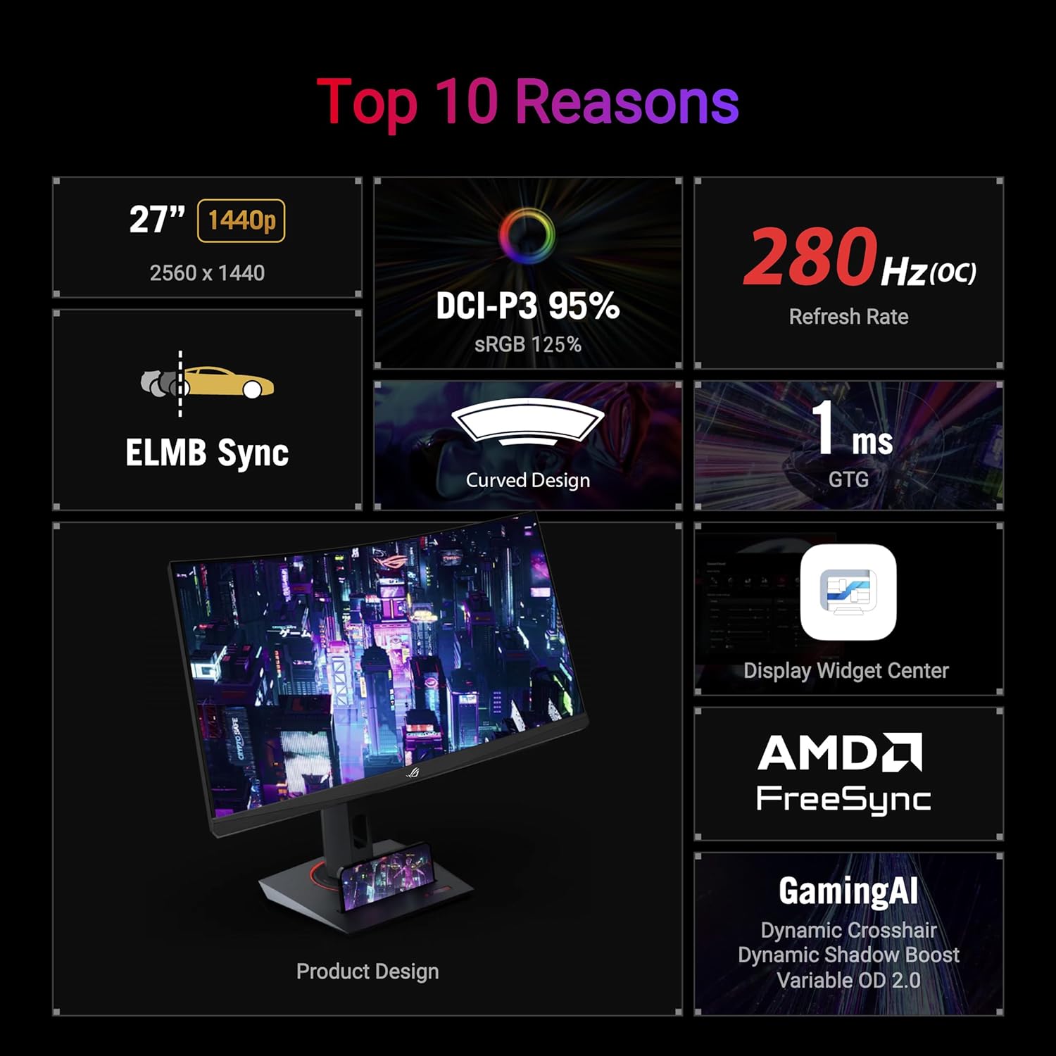 ASUS ROG Strix 27” 1440P USB-C Curved HDR Gaming Monitor (XG27WCMS) - QHD, 280Hz, 1ms, Fast VA, Extreme Low Motion Blur Sync, FreeSync Premium, DisplayWidget, Tripod Socket, AI Gaming, 3yr Warranty