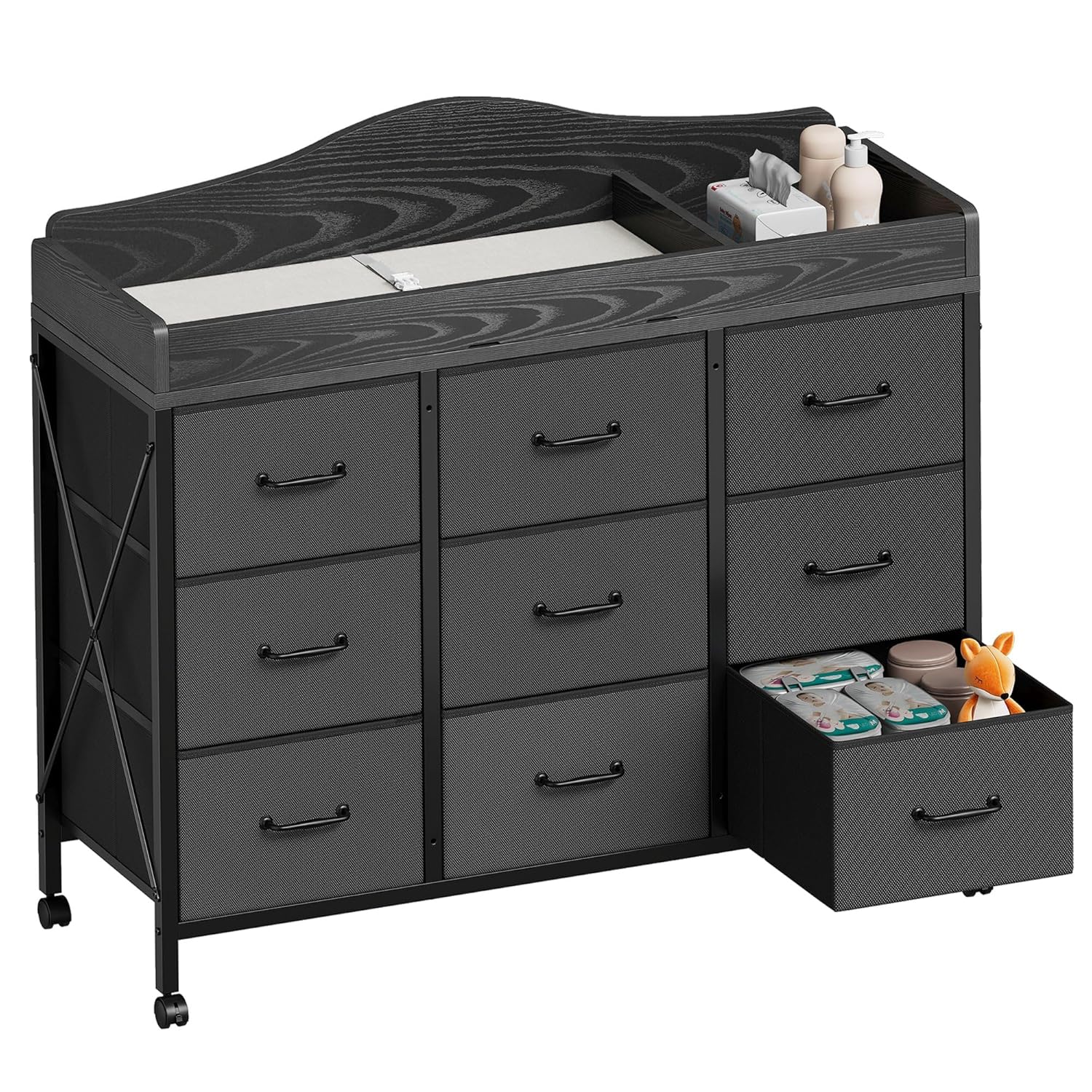 YeTom Baby Changing Table with 9 Fabric Boxes, Waterproof Diaper Changing Station & Pad, Mobile Nursery Diaper Changing Table, Baby Furniture, Black