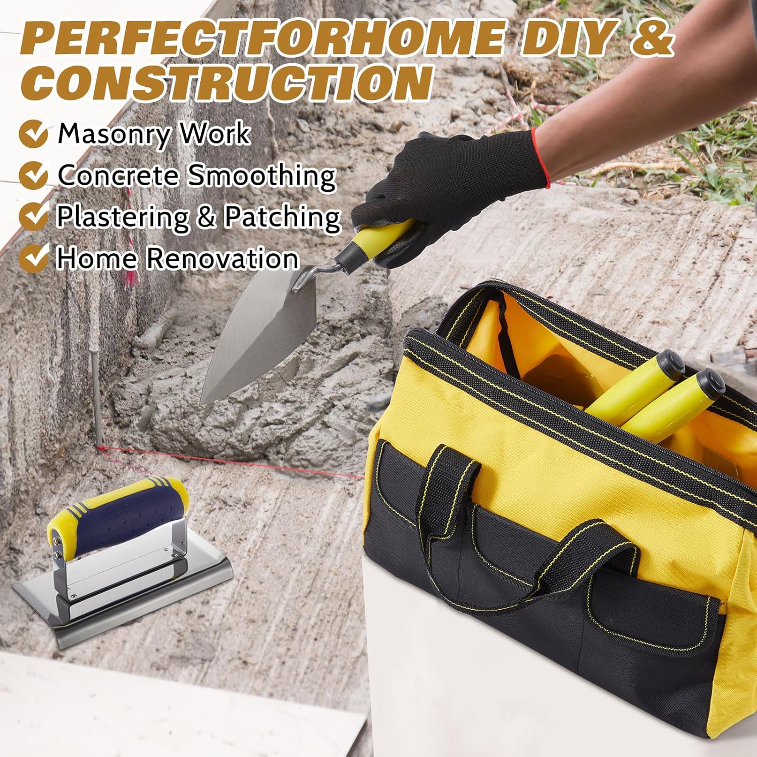 SiliFine 18 Pcs Masonry Trowel Construction Tool Kit with Tool Bag, Includes Putty Knives, Gloves Rebar Hooks, Stainless Steel Tools for Home, DIY, Concrete Masonry Work(Yellow)