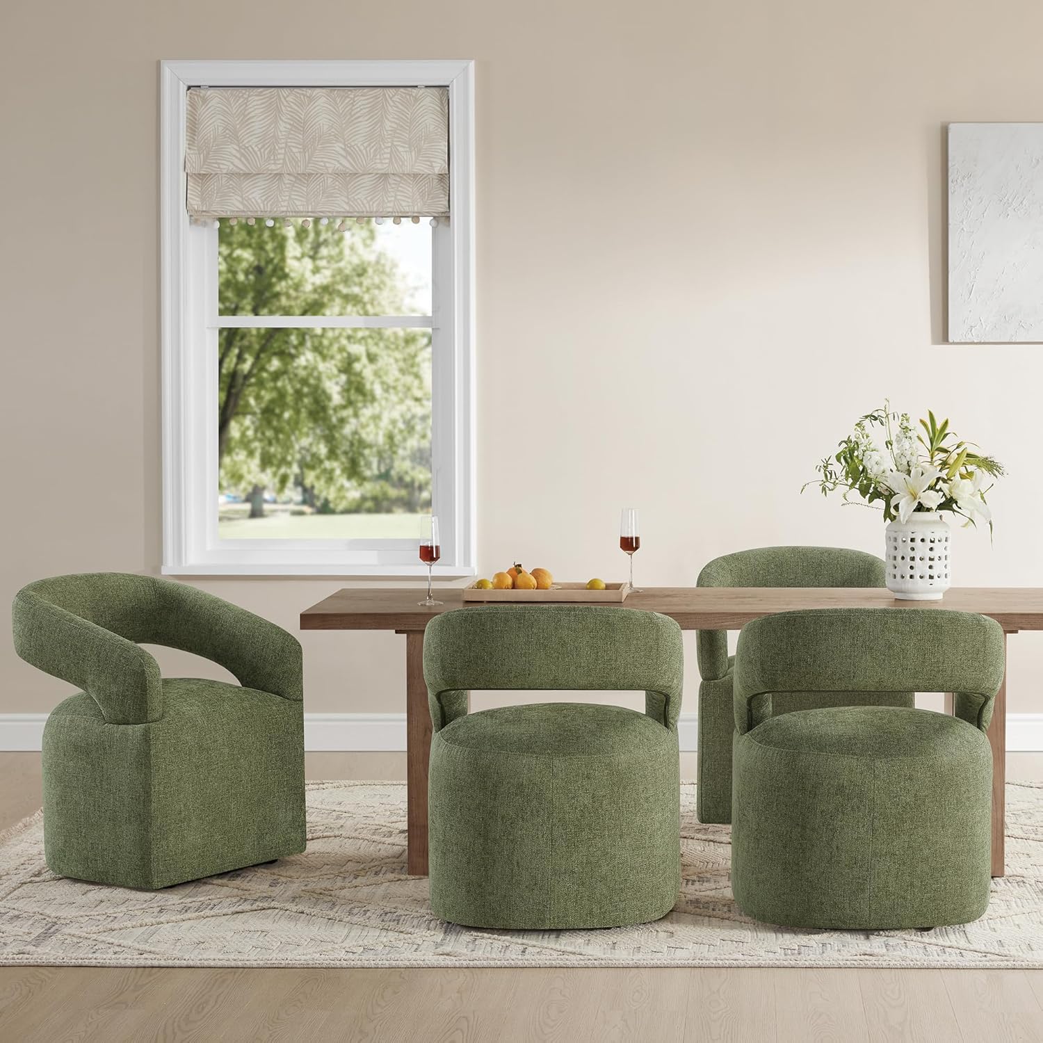 KISLOT Upholstered Dining Chairs with Casters, Modern Barrel Side Armchair with Rollers for Dining Room, Bedroom, Kitchen, Reading Room, Green, Set of 4