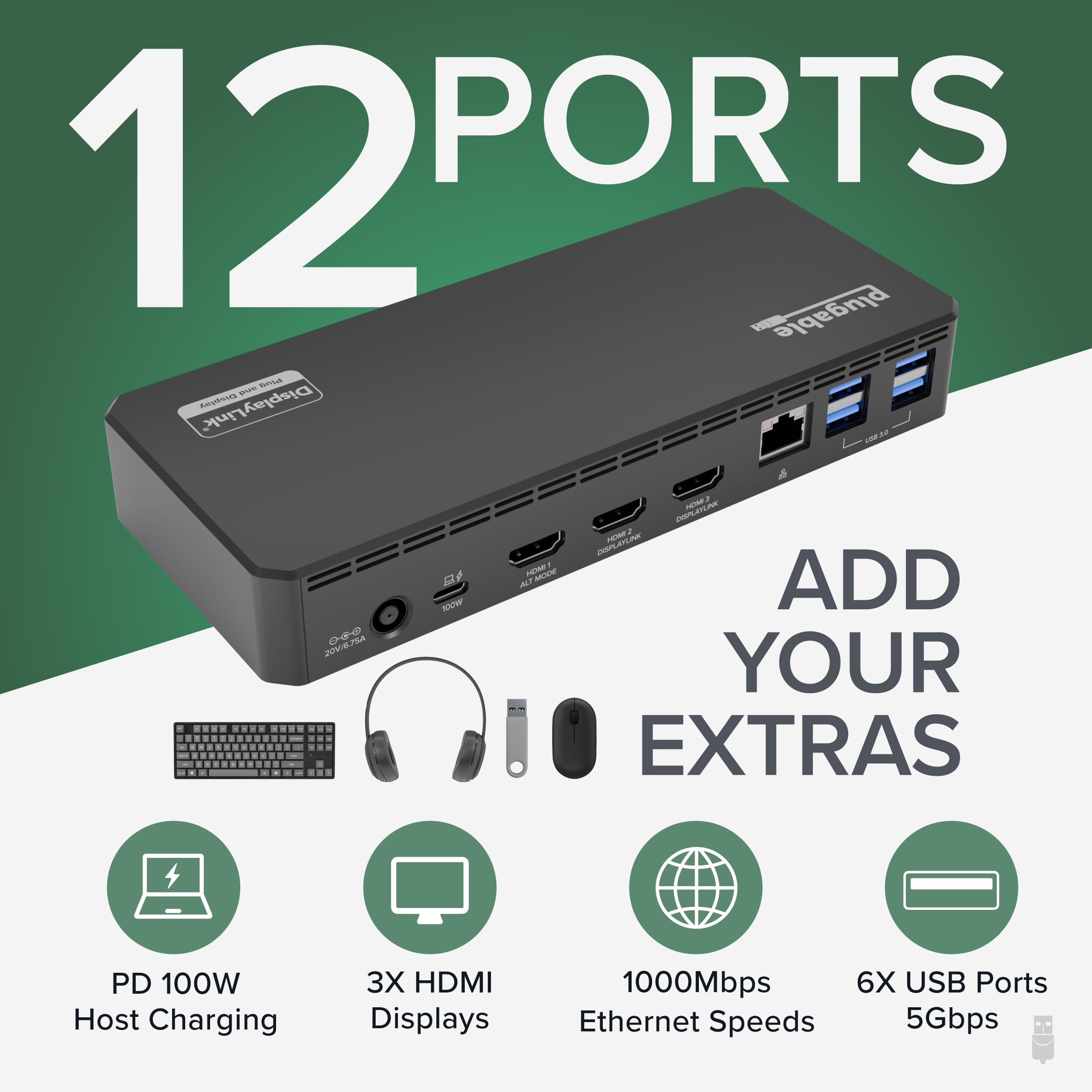 PLUGABLE USB C Triple Display Docking Station - 100W PD, 3x HDMI