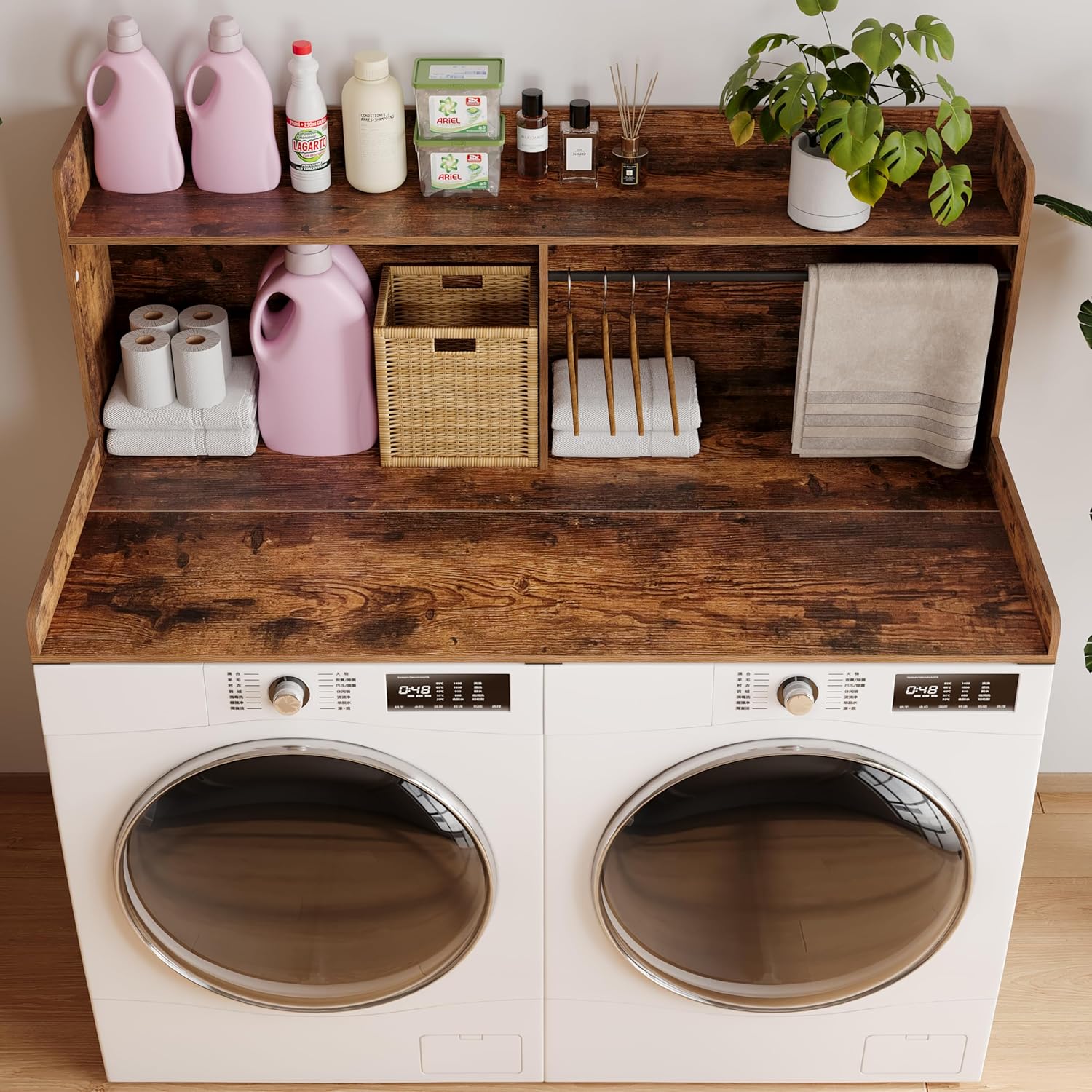 Unionly 2-Tier Washer Dryer Countertop with Clothes Rail .Laundry Topper with Edge and Non-Slip Pad for Washer and Dryer Laundry Hamper Counter Storage Organization (Rustic Brown, Full)