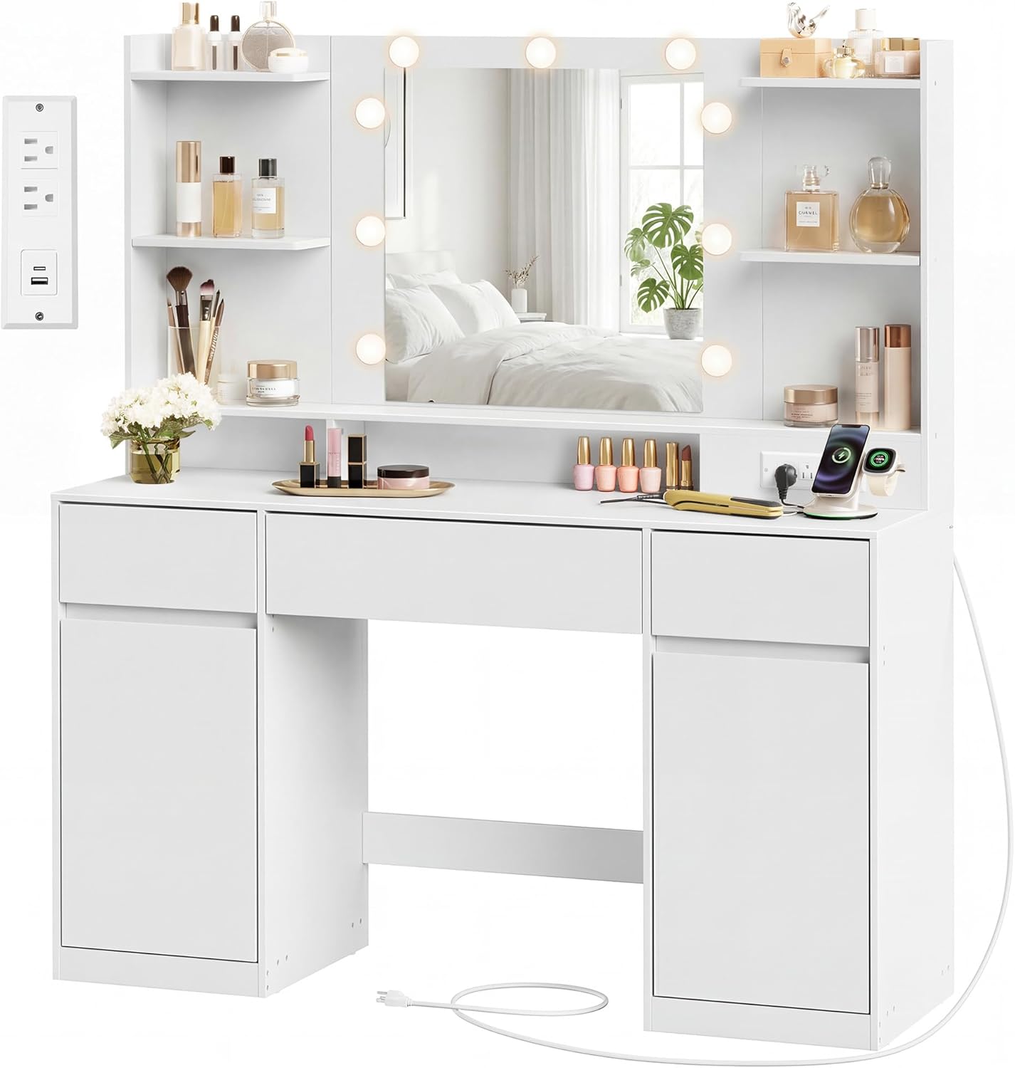 SONGMICS HOME Vanity Desk with Mirror and Lights, Makeup Vanity Table with Power Outlets, Dressing Table with Cabinets and Drawers for Bedroom, White