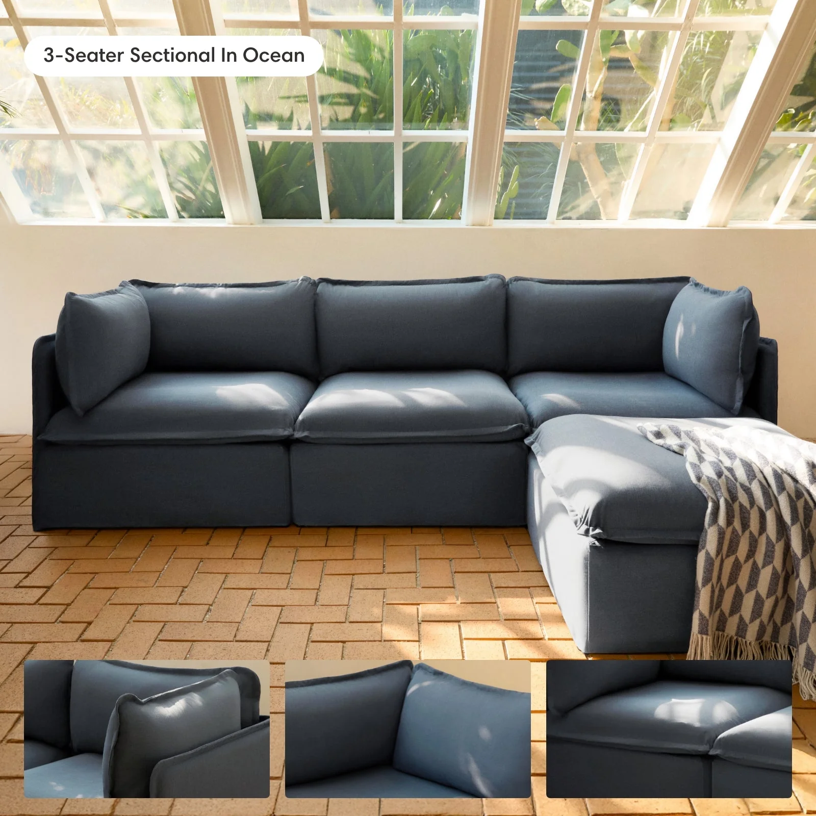 Modular Outdoor Washable 7-Seater Open-Ends U-Sectional + Bench Ottoman | Classic Canvas in Ocean
