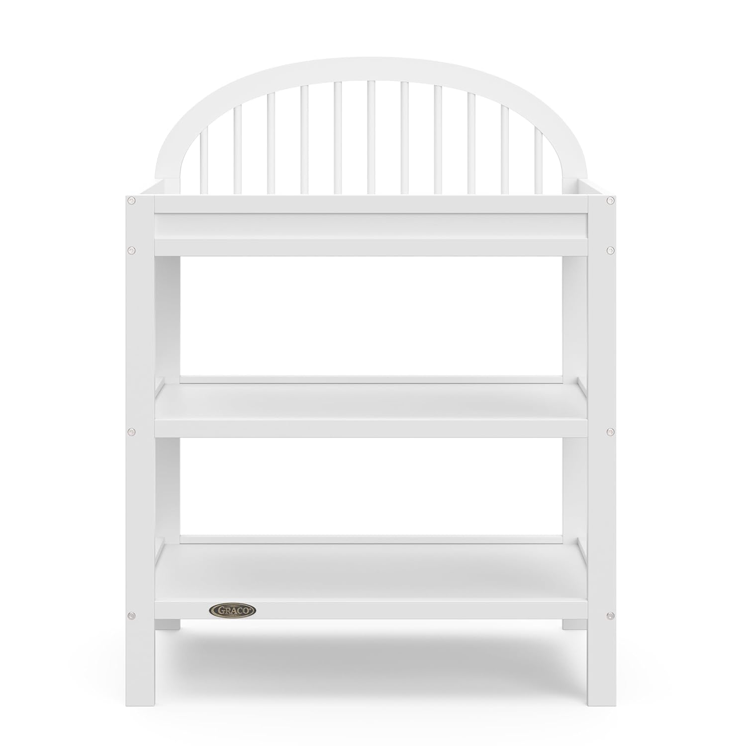Graco Olivia Changing Table with Water-Resistant Changing Pad (White) - GREENGUARD Gold Certified, Includes Bonus Water-Resistant Changing Pad with Safety Strap, 2 Open Shelves, Stylish Design