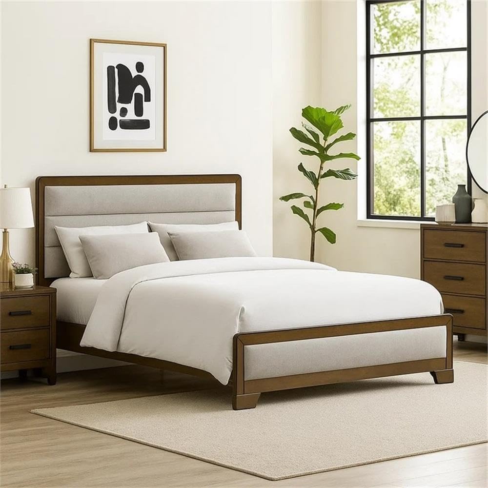 Pemberly Row Queen Bed with Channel Tufted Headboard, Light Gray Upholstered Fabric, Solid Wood Frame in Warm Brown, Sturdy Bracketed Legs, Includes Headboard, Footboard, Side Rails, Transitional