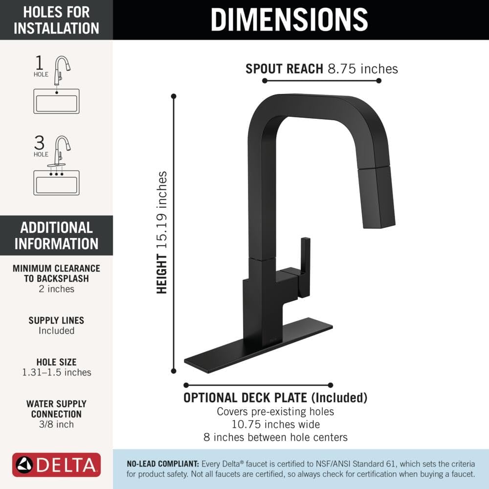 Delta Junction Matte Black Kitchen Faucet with Pull Down Sprayer, Modern Single Hole Kitchen Sink Faucet, Single Handle, Matte Black 19825LF-BL