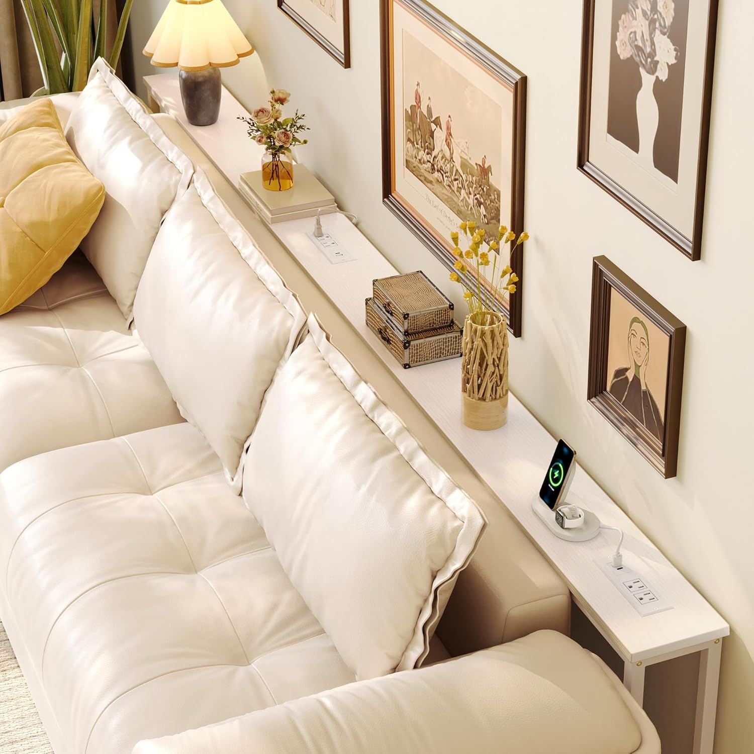 Huuger 110.2 Inch Sofa Table with Power Outlets, 23.9''-34.4'' Height Adjustable Range, Behind Couch Table with USB-C Ports, Sofa Tables Narrow Long, Skinny Console Table, for Small Spaces, White