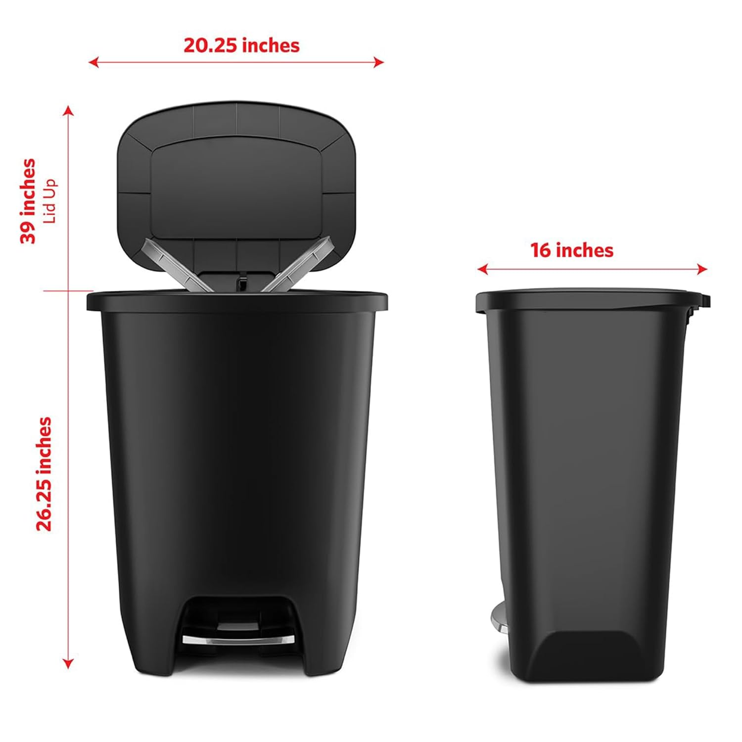 Glad 3 Pack Premium 20 Gal Trash Can, Plastic Kitchen Waste Bin with Odor Protection of Lid, Stainless Steel Foot Pedal and Garbage Bag Rings, Black