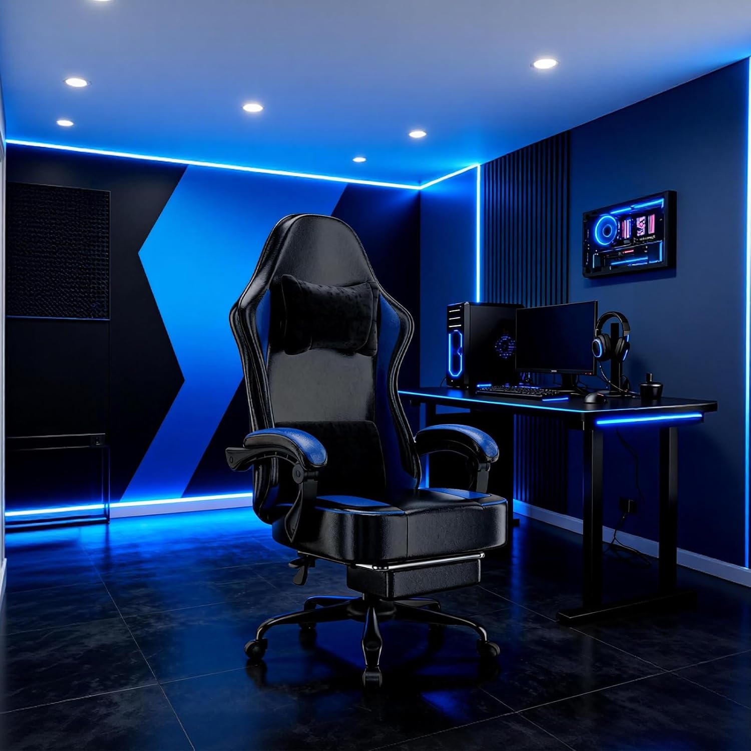Gaming Chair with Pocket Spring Cushion and Footrest, Ergonomic Computer Chair for Adults, Breathable PU Leather Game Chair