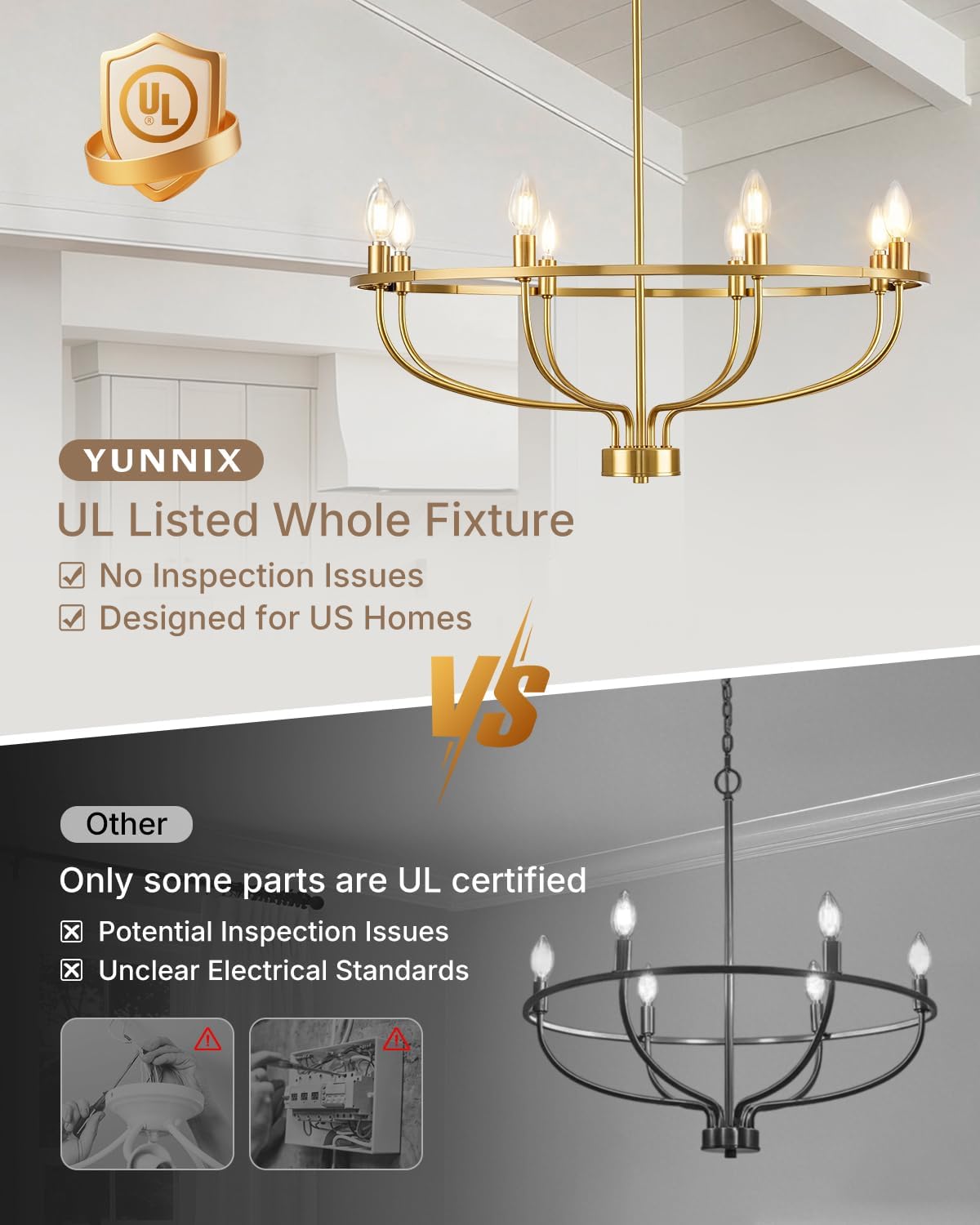Yunnix 8 Light Gold Chandeliers for Dining Room, Gold Dining Room Chandelier with Extension Chain, UL Listed, Gold Modern Farmhouse Chandelier for Bedroom, Kitchen, Entryway, Foyer Light Fixture