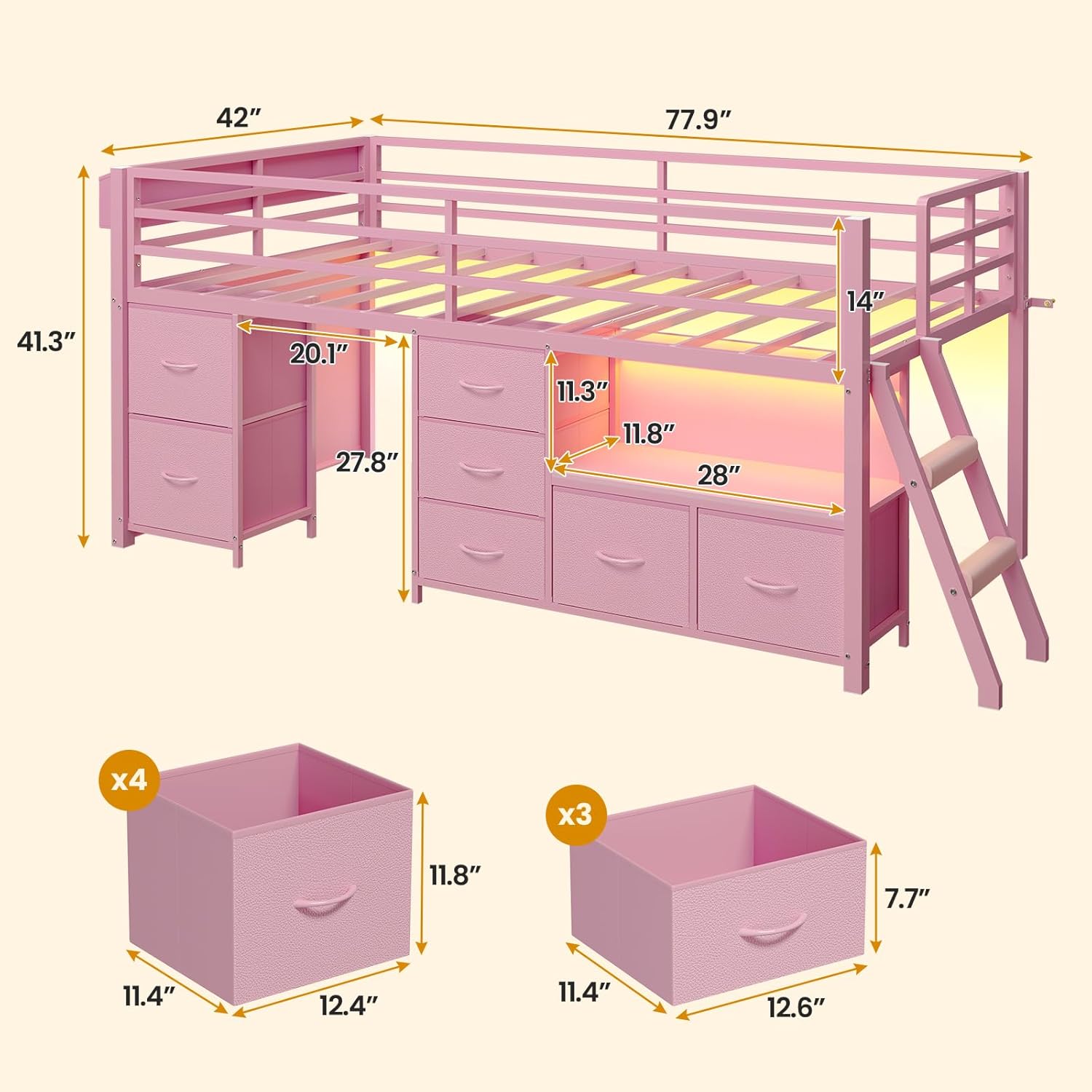 ADORNEVE Low Loft Bed Twin Size with 7 Storage Drawers, Bookcase and LED Lights, Metal Kids Loft Bed with 14