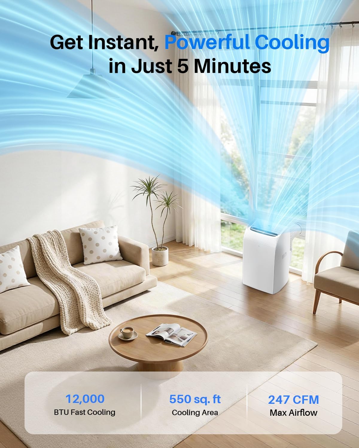 Feelfunn 12,000 BTU Portable Air Conditioner - Multi-Function Portable AC Unit Cools Up to 550 Sq. Ft., with Ultra-Quiet(42db), Auto Swing, 24H Timer, AC Unit for Bedroom, Dorm, Apartment