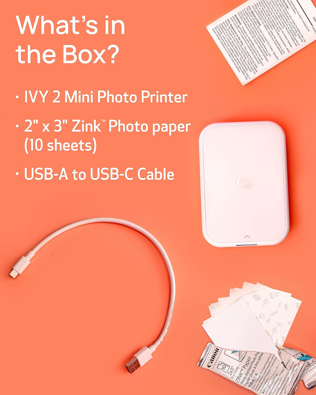 Canon Ivy 2 Mini Photo Printer, Print from Compatible iOS & Android Devices, Sticky-Back Prints, Pure White Zink Photo Paper Pack (20 Sheets)