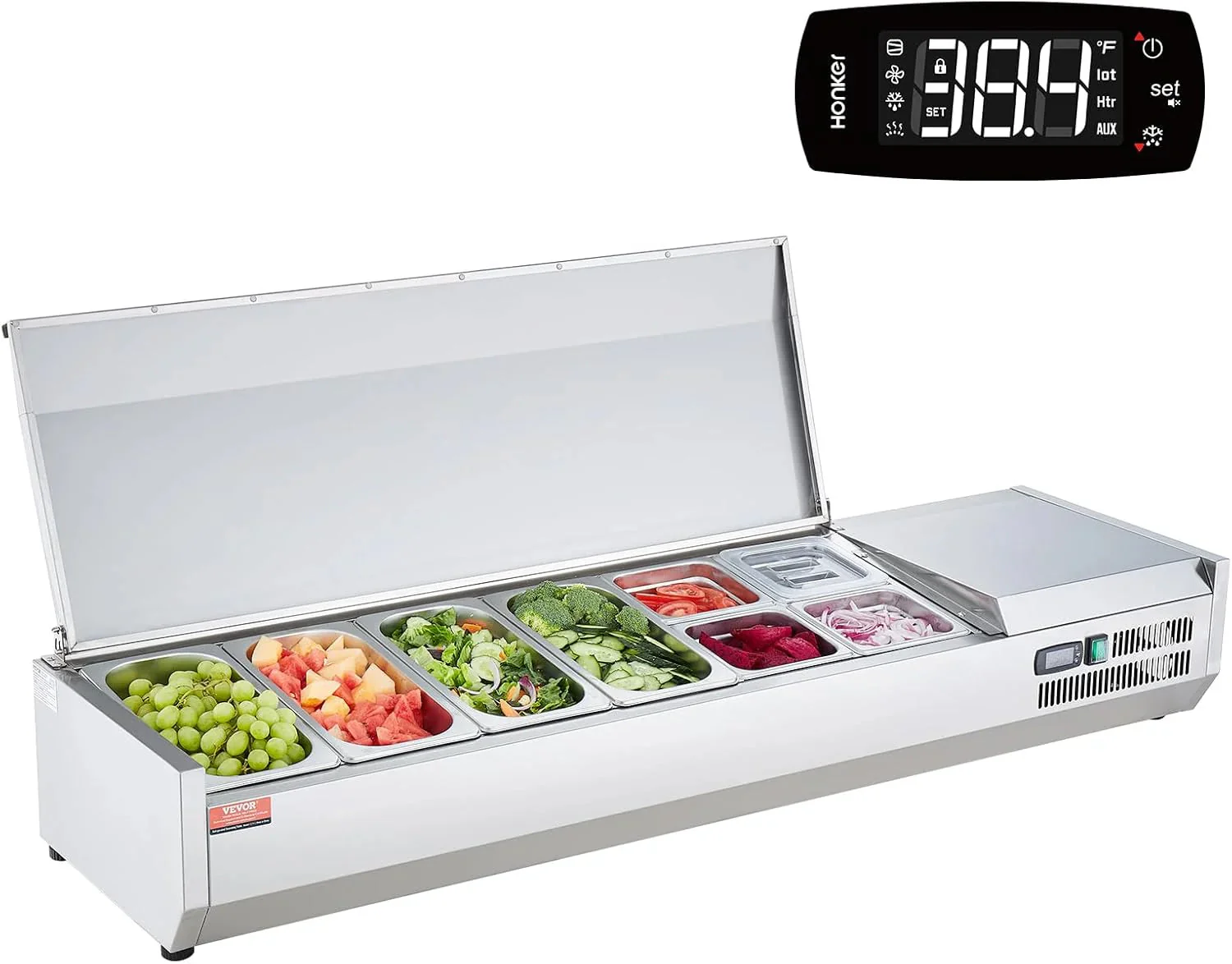 Refrigerated Condiment Prep Station, 135 W Countertop Refrigerated Condiment Station, with 2 1/3 Pans & 4 1/6 Pans, 304 Stainless Body and PC Lid, Sandwich Prep Table with Stainless Guard, ETL