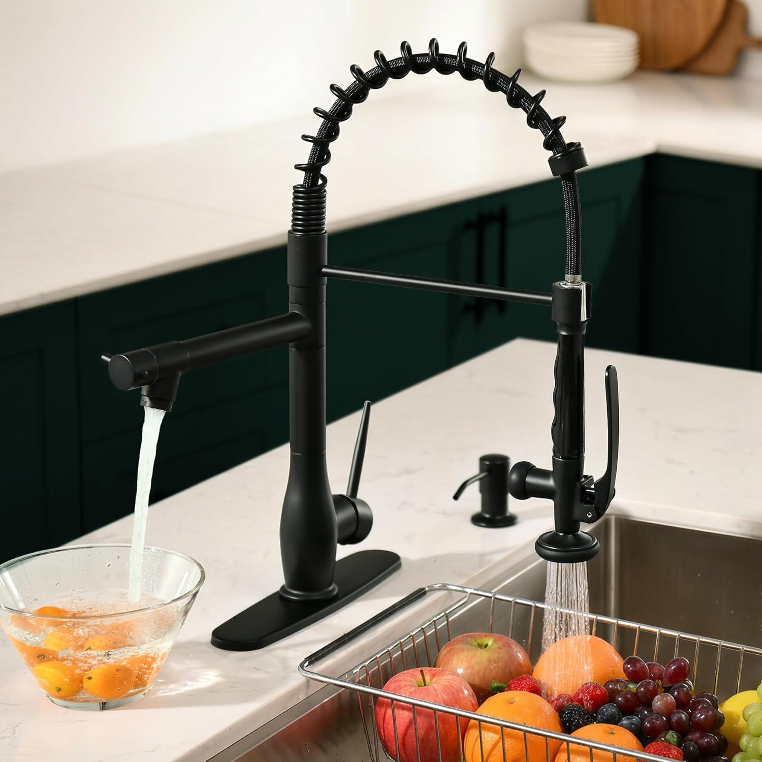GIMILI Commercial Kitchen Faucet with Pull Down Sprayer, Double Headed Single Handle High Pressure Kitchen Faucet with Soap Dispenser Matte Black