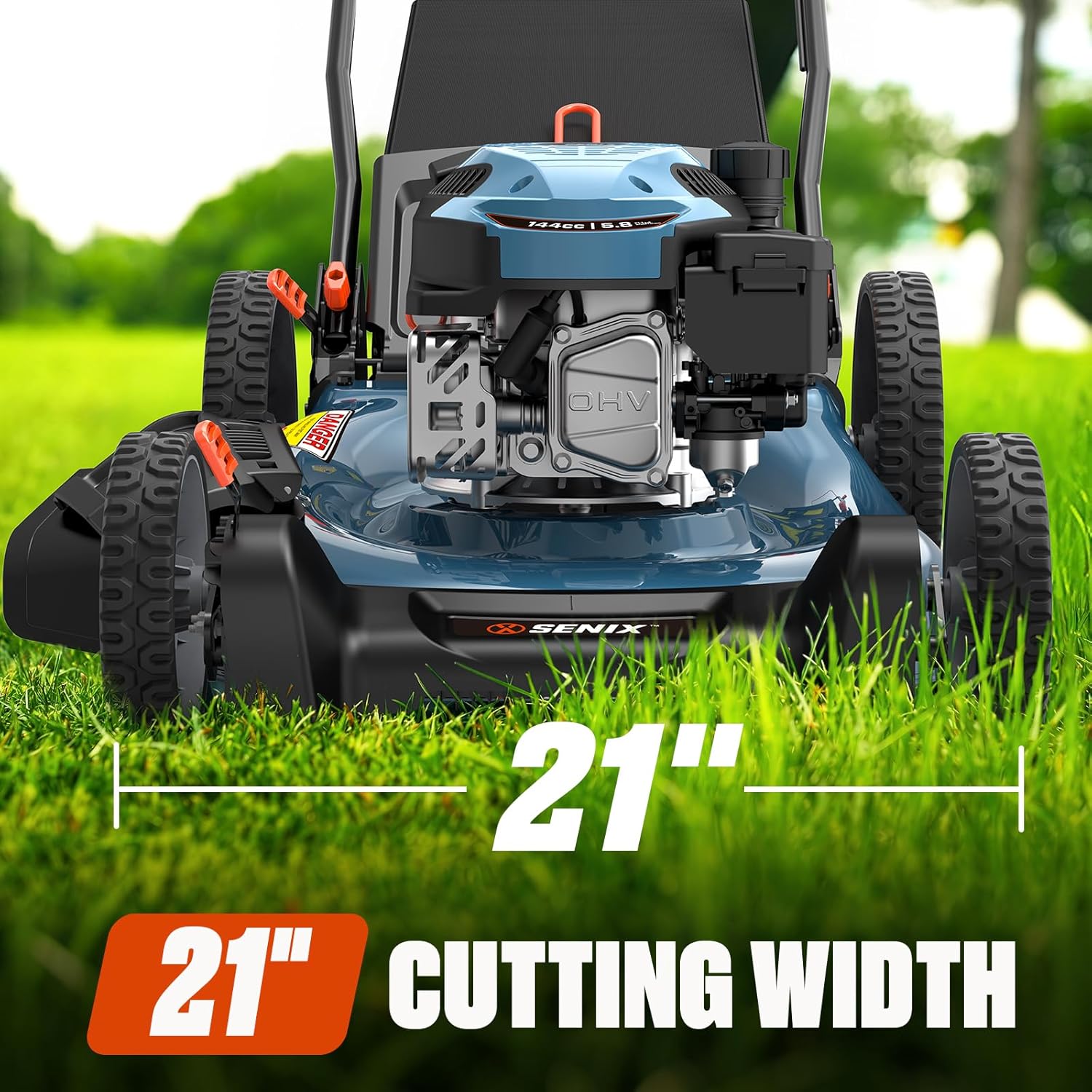 SENIX 21-Inch Gas Lawn Mower, 144cc 4-Cycle Engine with 3.4 HP - 3-in-1 Side Discharge Mulching & Bagging for 1/3 Acre Yards, 6-Position Height Adjustment & 1.7 Bushel Grass Catcher