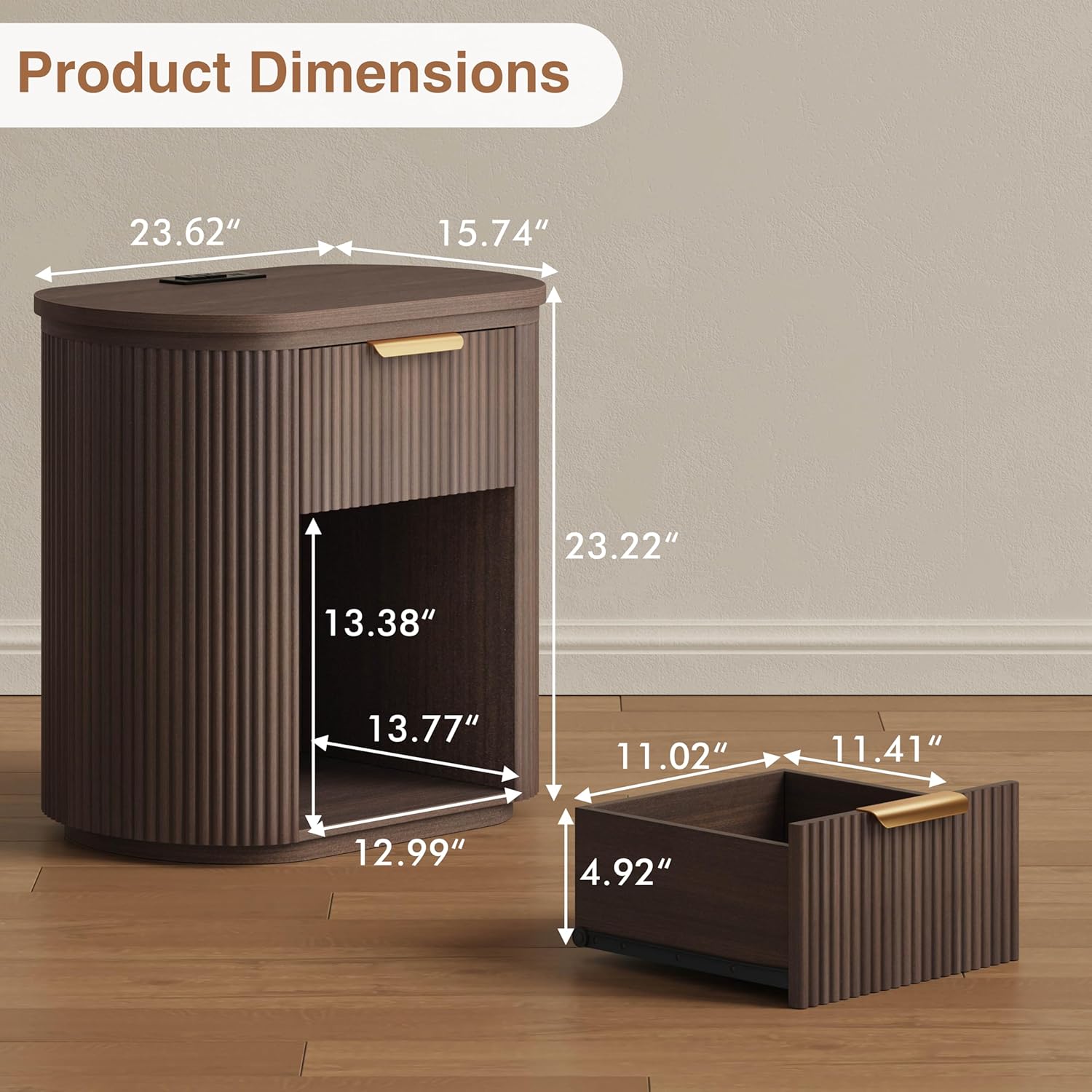 Fluted Nightstands Set of 2 with Charging Station, 23.6