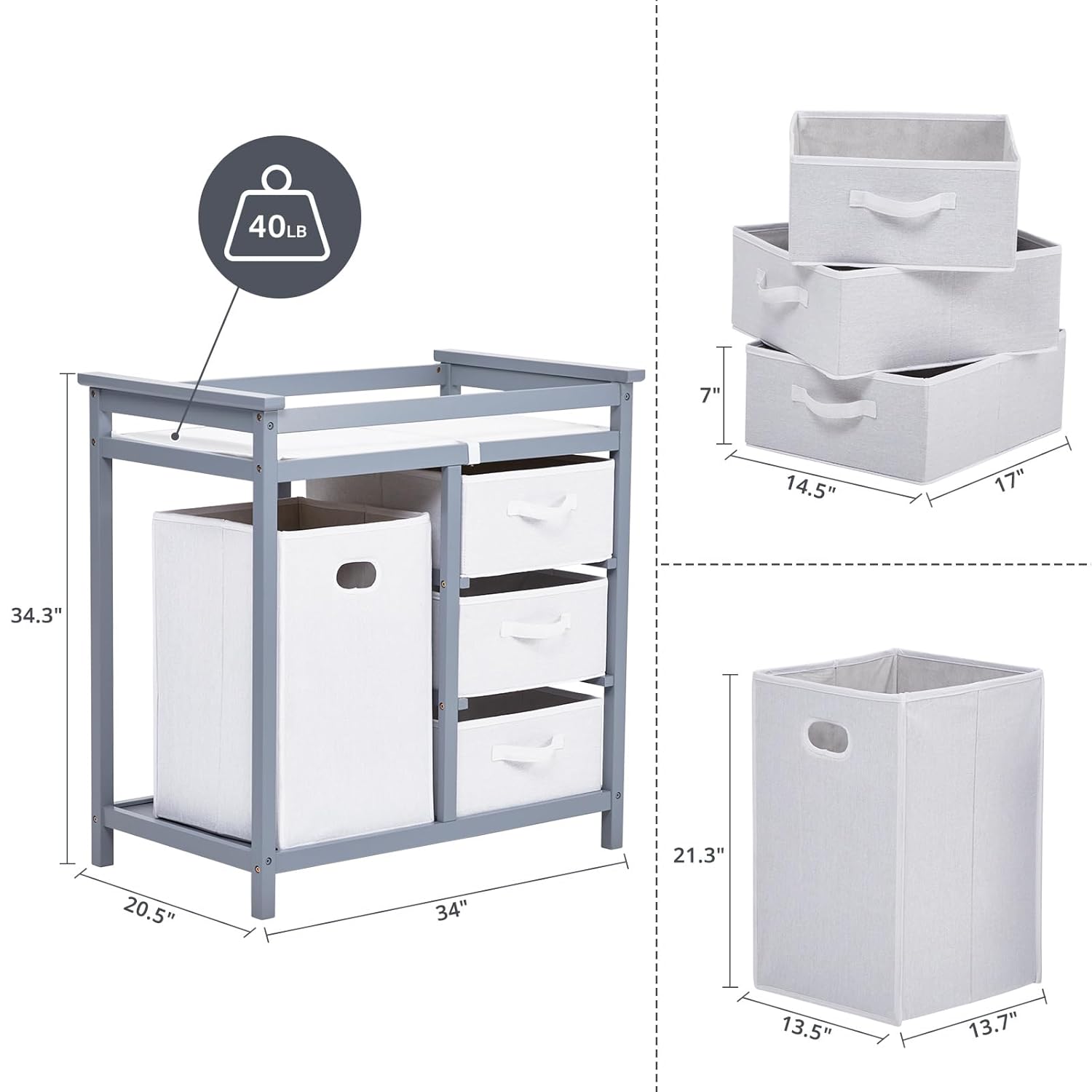Garvee Wooden Baby Changing Table,Modern Diaper Changing Table,Infant Diaper Station Dresser with Laundry Hamper, 3 Drawer Basket- Storage Organizer for Baby Clothes, Diapers & Toys