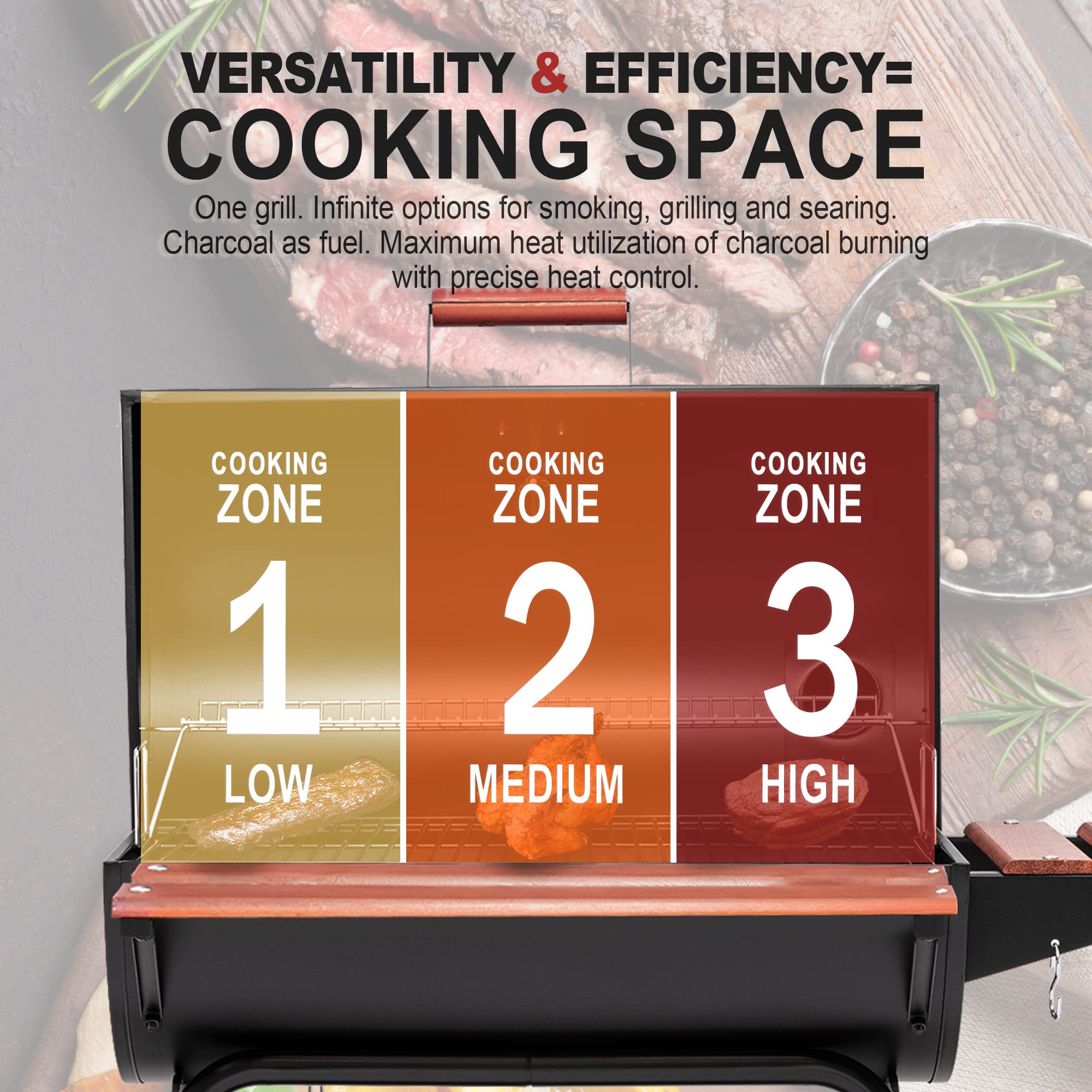 ROYAL GOURMET CC1830V Charcoal Grill with Wood Side Table - 627 sq in