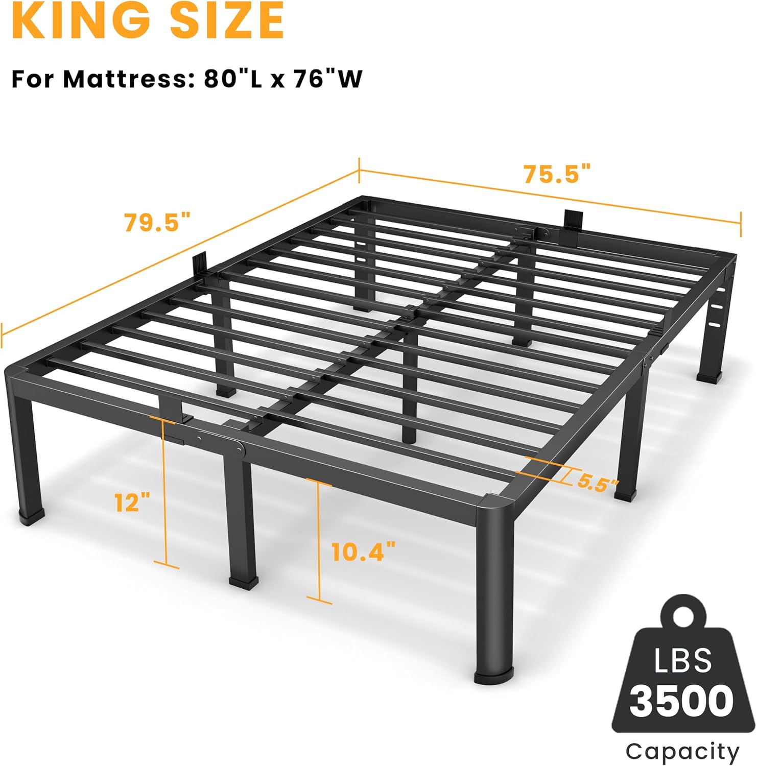 12 Inch King Bed Frame, Metal Platform Bed Frame with Round Corner Legs, 3500 lbs Heavy Duty Steel Slats Support, No Box Spring Needed, Noise Free, Easy Assembly, Black