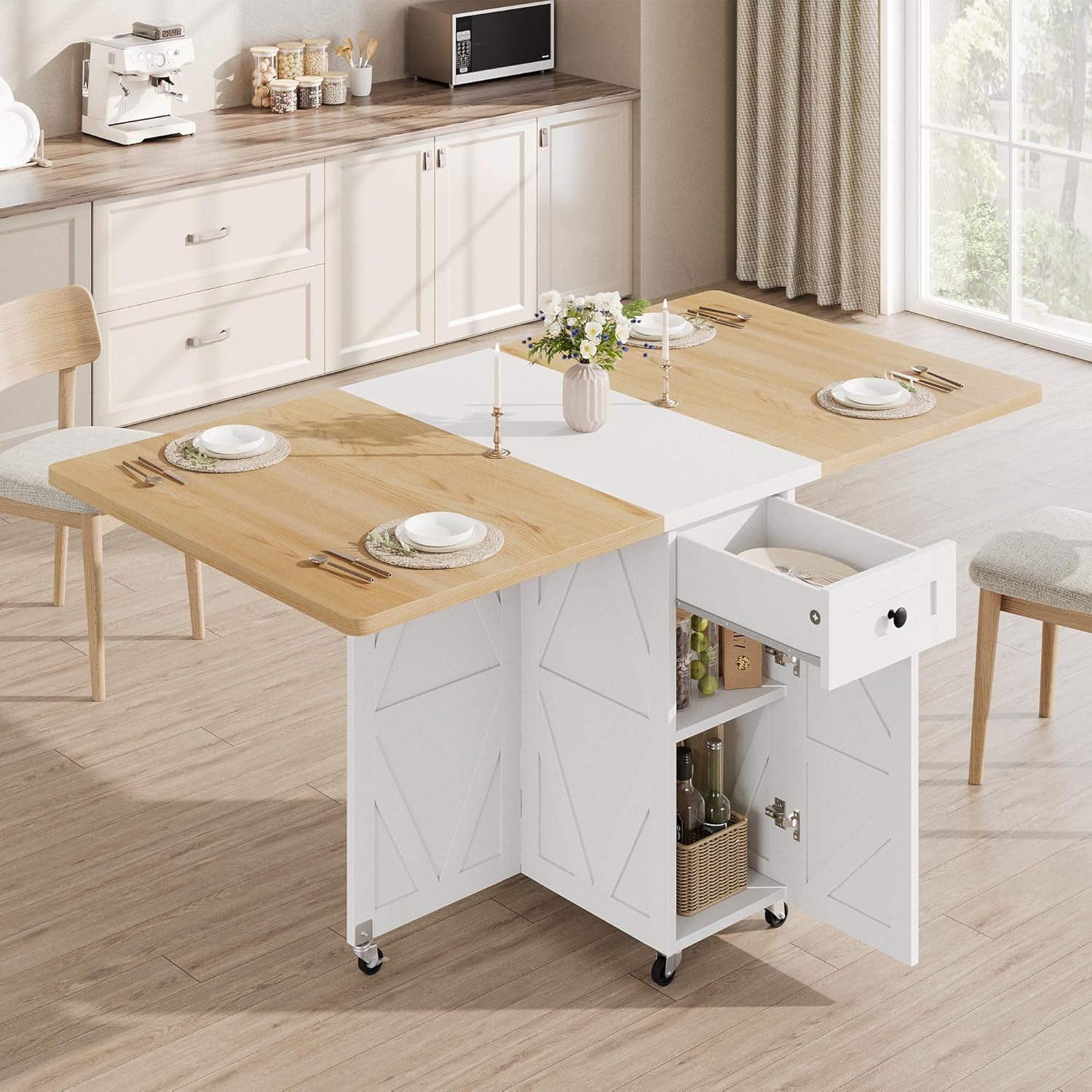 Folding Dining Table for Small Spaces, Space Saving Foldable Kitchen Table with Drawer & Storage Shelf, Rolling Drop Leaf Dining Table with Wheels for Dining Room (Natual 47.2