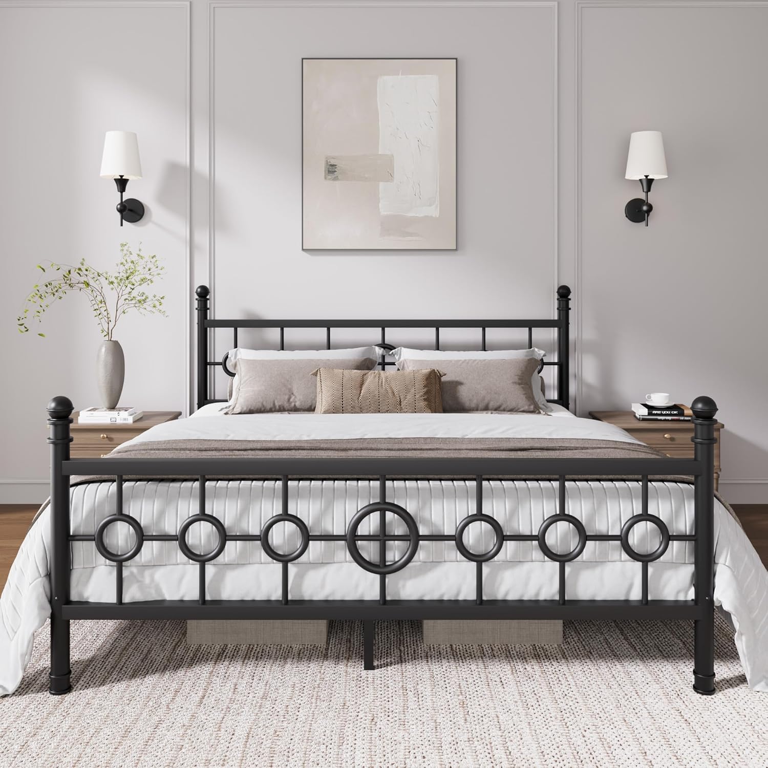 GarveeHome King Size Metal Bed Frame with Vintage Circular Headboard and Footboard, Heavy-Duty Iron Platform Bed, No Box Spring Needed, Noise-Free Design, Easy Assembly, Black