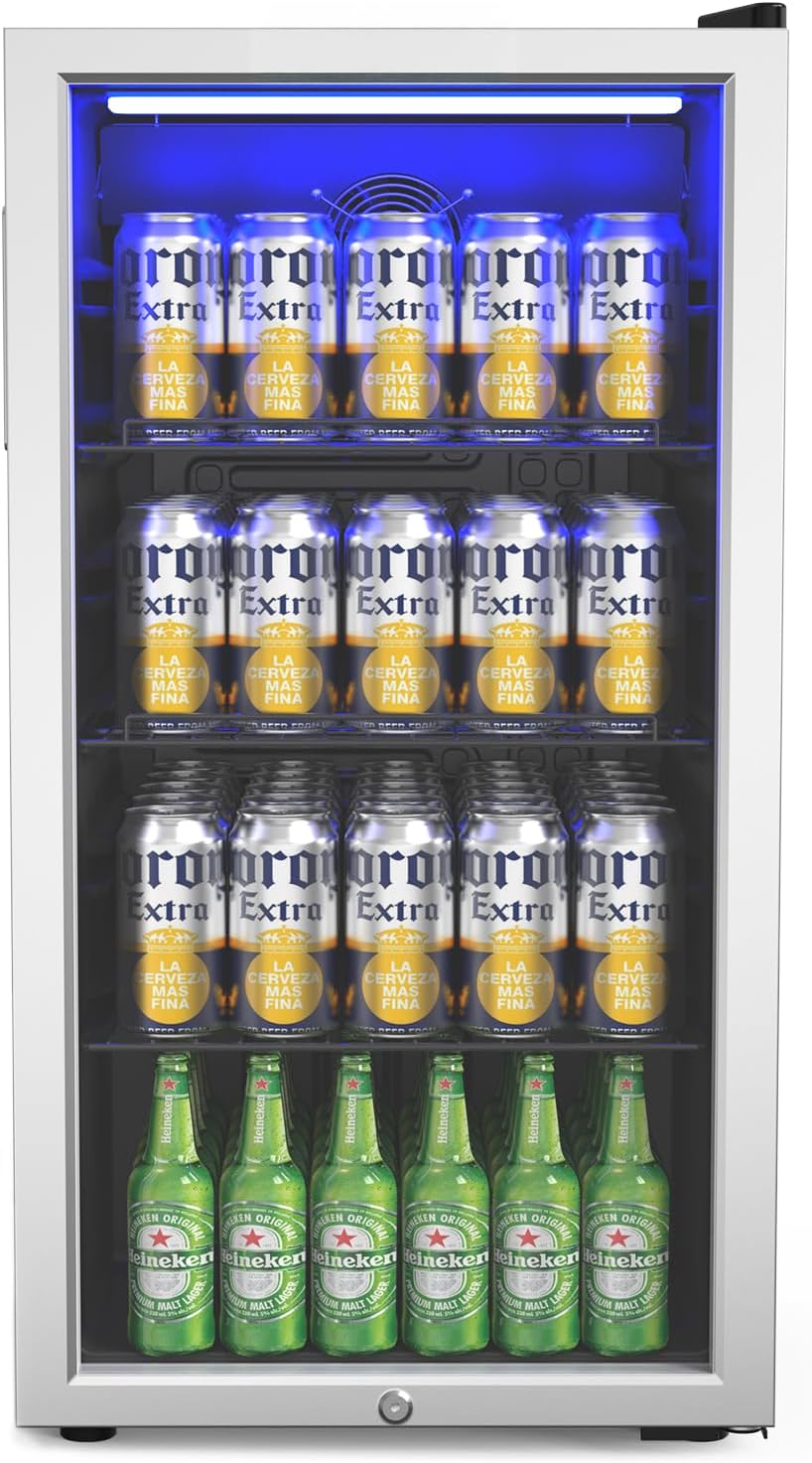 Bonnlo 3.3 Cu.Ft Beverage Refrigerator Cooler with Glass Door & Safety Lock, Quiet Mini Drink Fridge with Adjustable Shelf & Feet, Small Wine Cooler for Bedroom, Bar & Office, 32-50°F, 115V