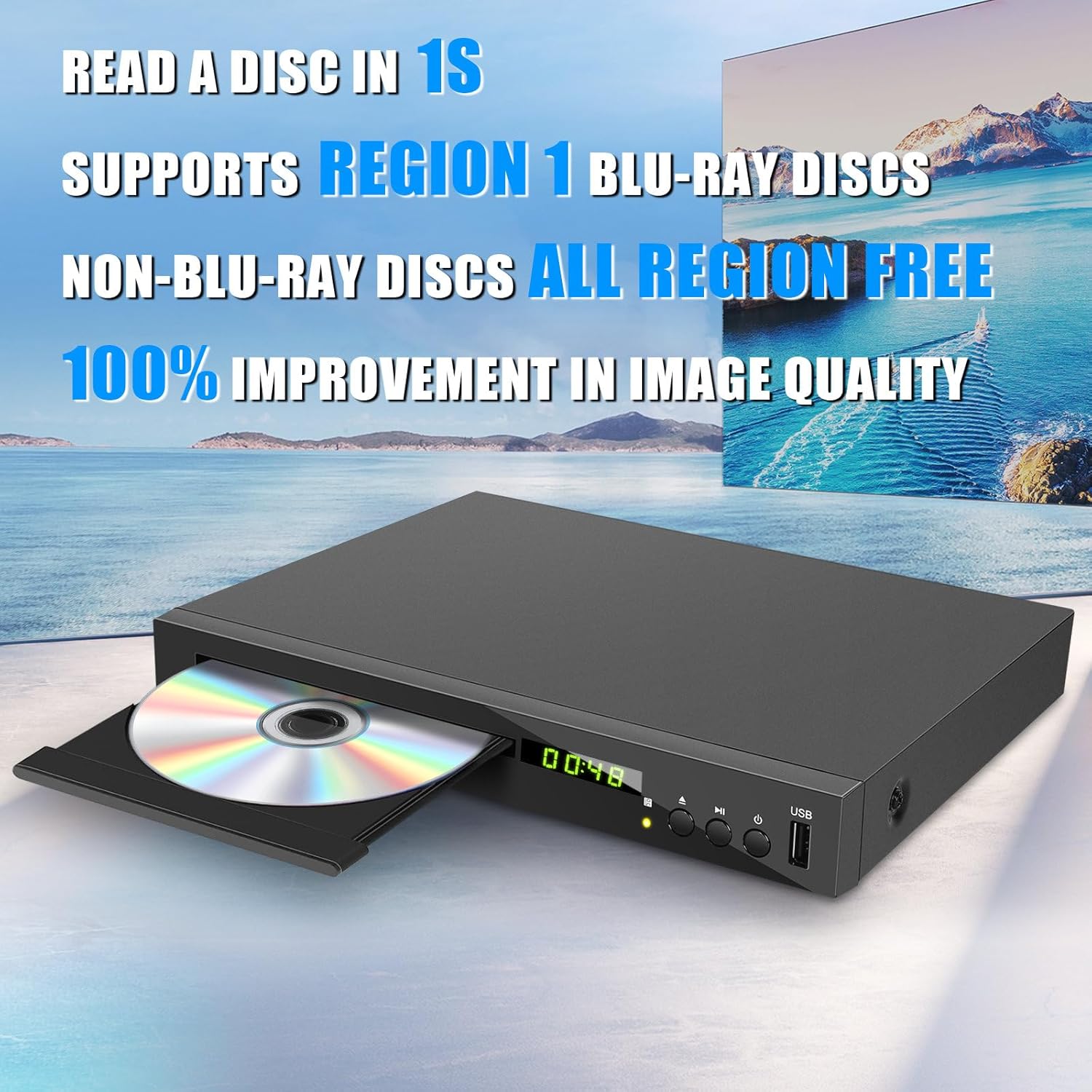 HD Blu Ray Player, Blue Ray/DVD/CD Player for TV, Play Region A/1 Blu-ray Disc and All Region DVD Discs, Blu-ray DVD Player with HDMI/AV/Coaxial Output, USB Input, Built-in PAL NTSC (Zone 1 Blu-ray)