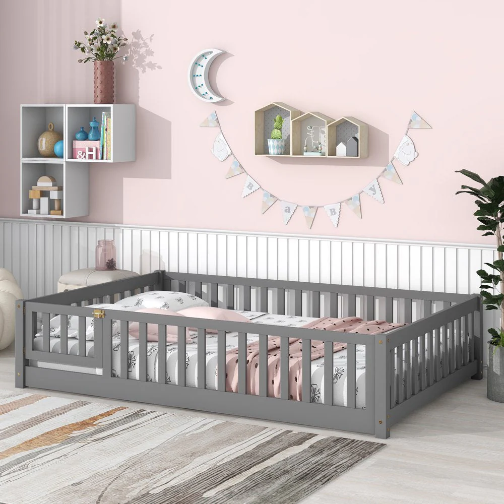 Uhomepro Full Size Kids Floor Bed with Fence & Door, Pine Wood, Playhouse Design