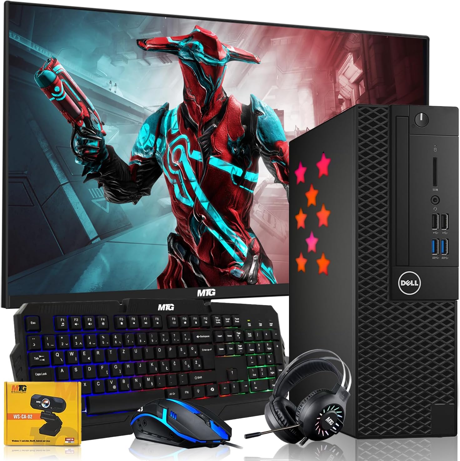 Dell Desktop PC Gaming Bundle - Intel Core i7, 16GB RAM, 512GB SSD, 24-inch Monitor, GT 1030, RGB Keyboard with AI-Enabled Copilot Key, Mouse, RGB Headphone, Webcam, Wi-Fi, Windows 11 Pro (Renewed)