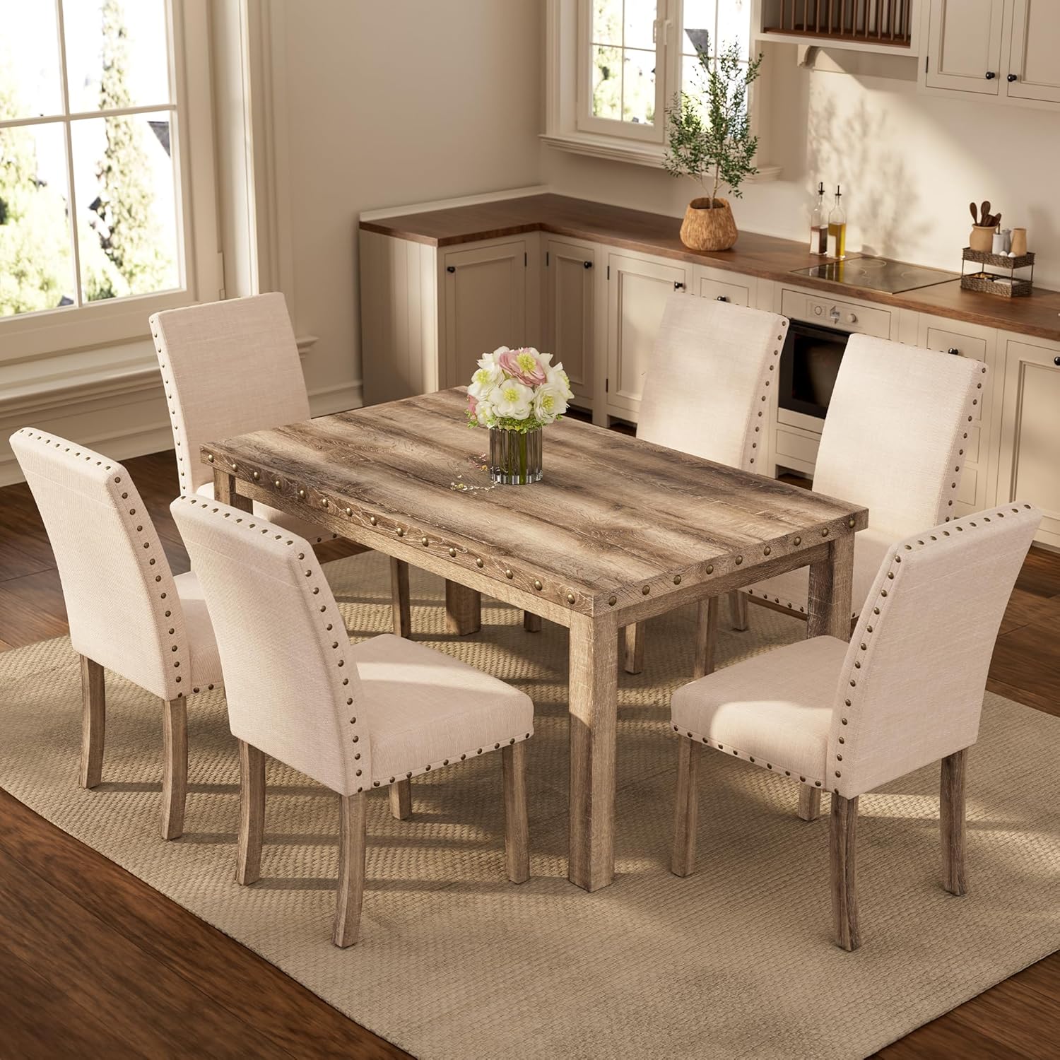 Morden Fort Rustic Dining Table Set for 6, Farmhouse Kitchen Dining Chairs for 6, Charming 60
